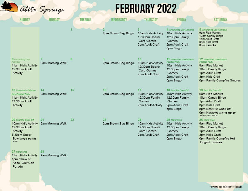 Abita Springs Feburary 2021 Activity Calendar