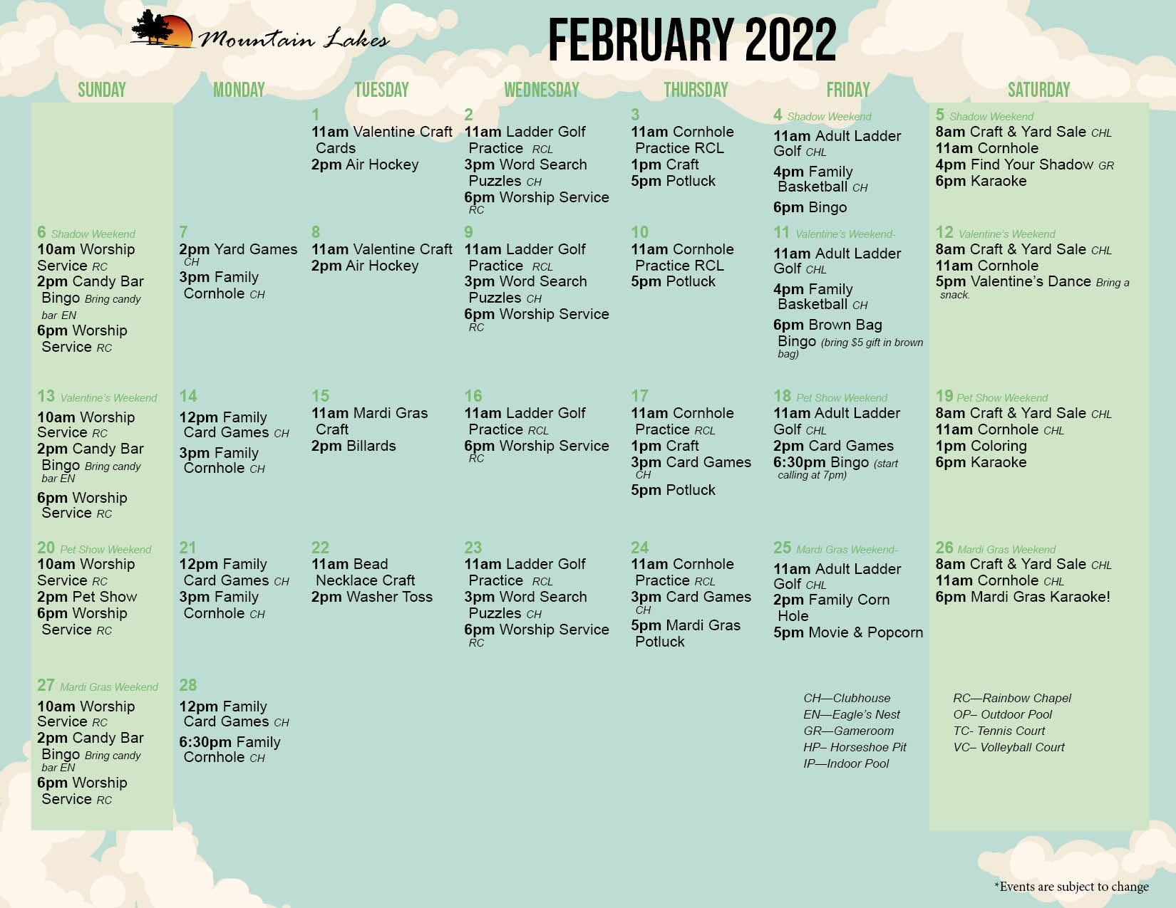 Mountain Lakes February 2022 Activity Calendar