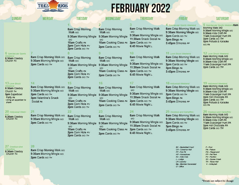 Tres Rios' February Activity Calendar