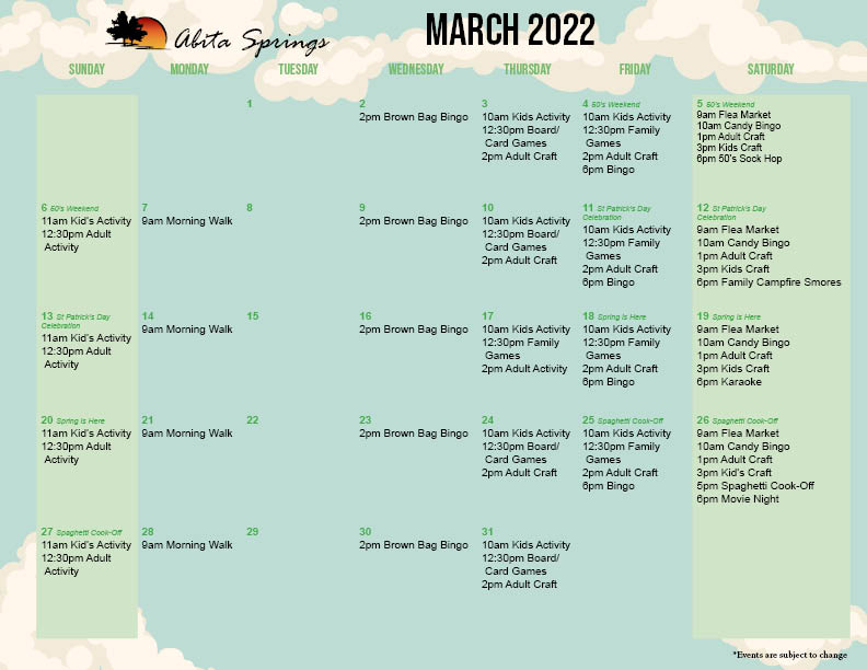 Abita Springs Activity Calendar March 2022