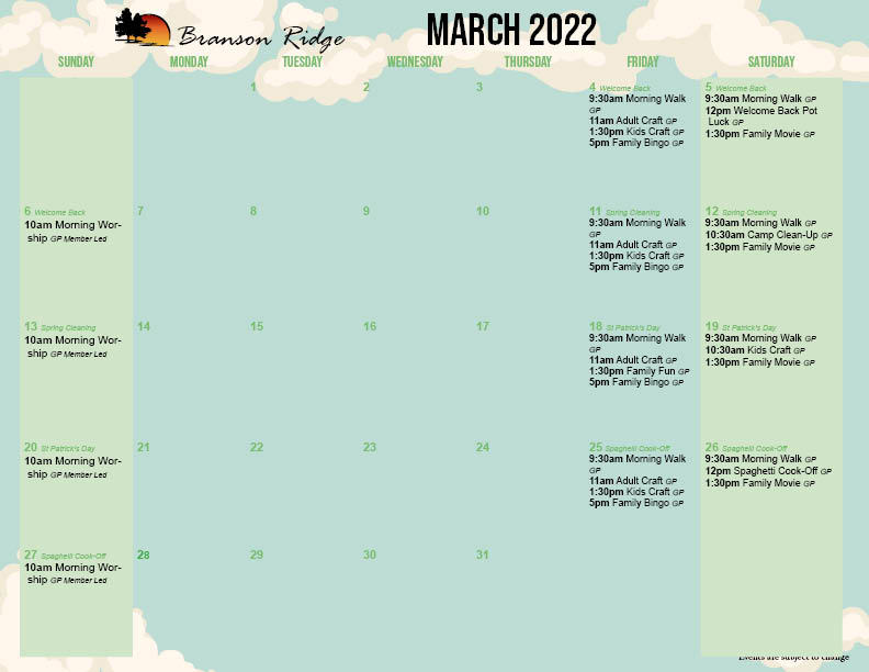 Branson Ridge Activity Calendar March 2022