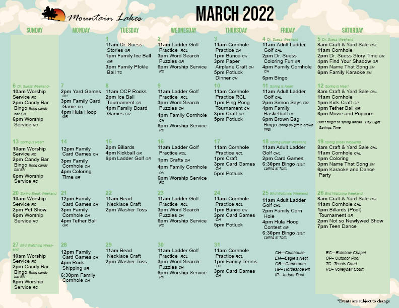 Mountain Lakes Activity Calendar March 2022