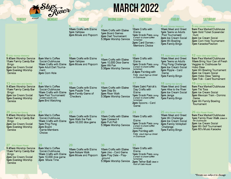 Styx River Activity Calendar March 2022