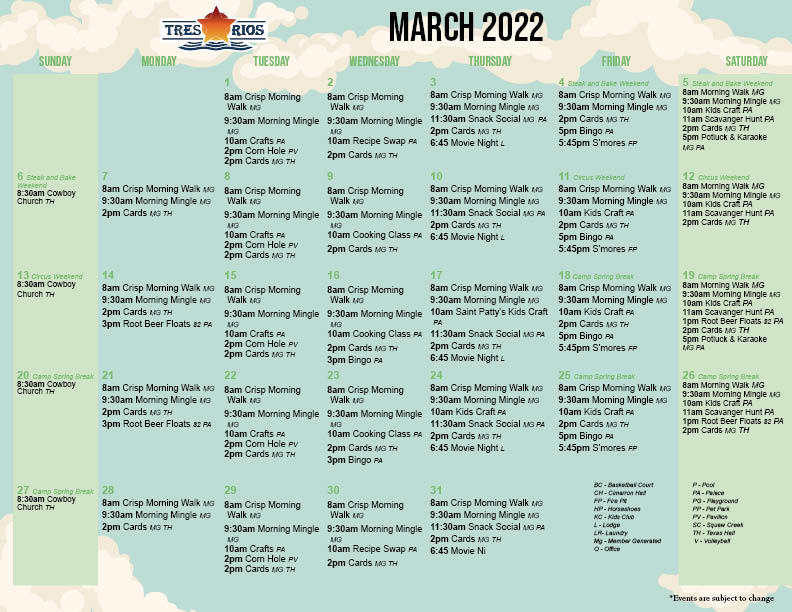 Tres Rios Activity Calendar March 2022