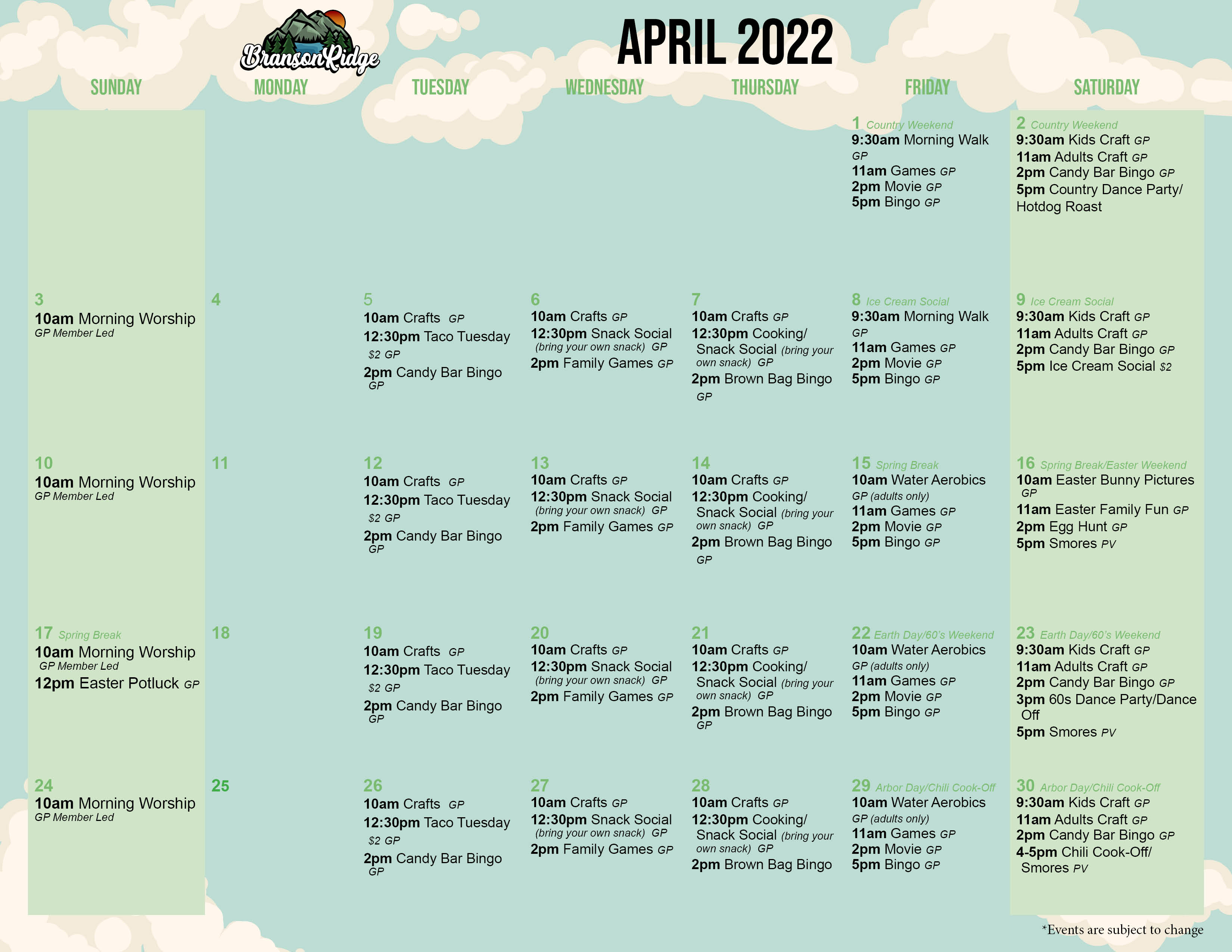 Branson Ridge Activity Calendar April 2022