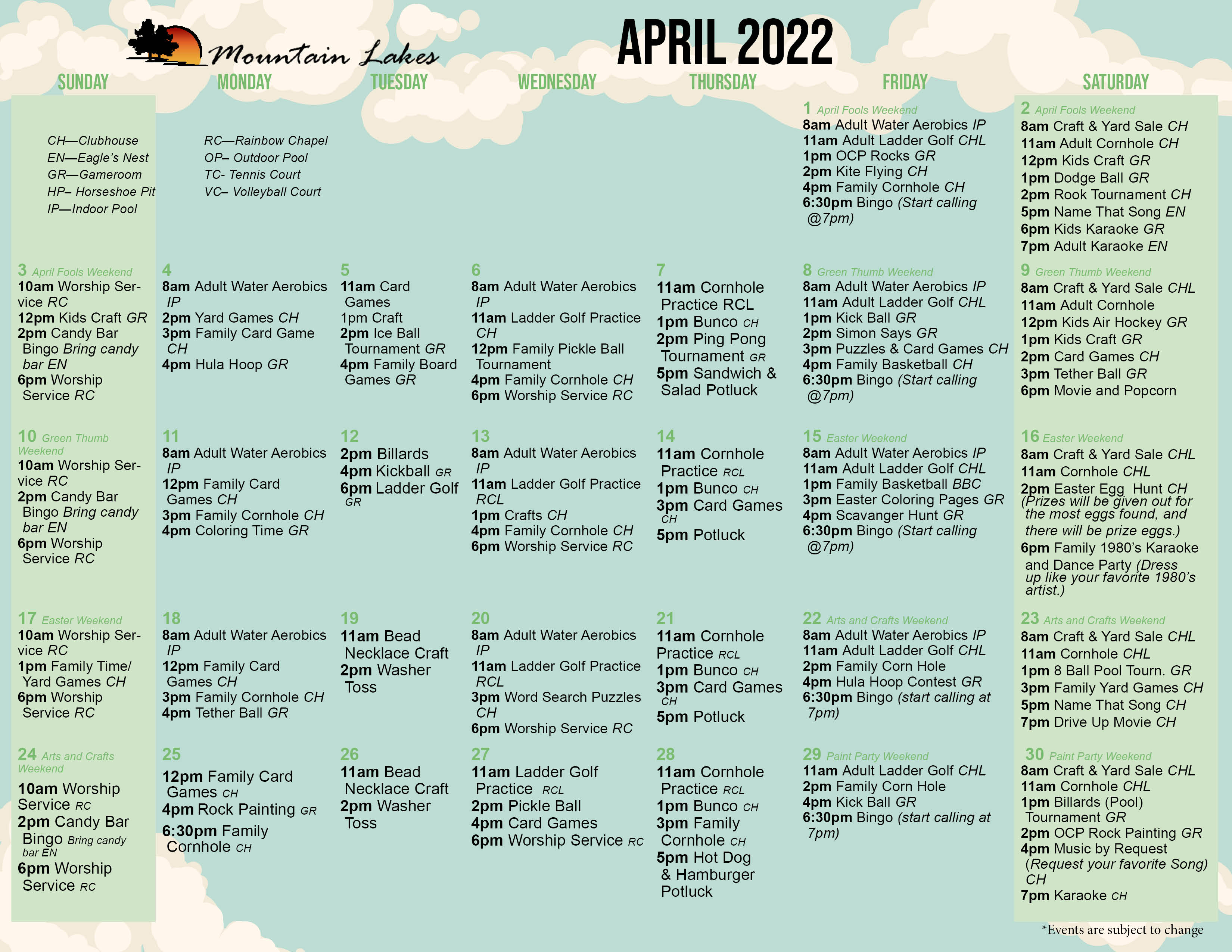 Mountain Lakes Activity Calendar April 2022