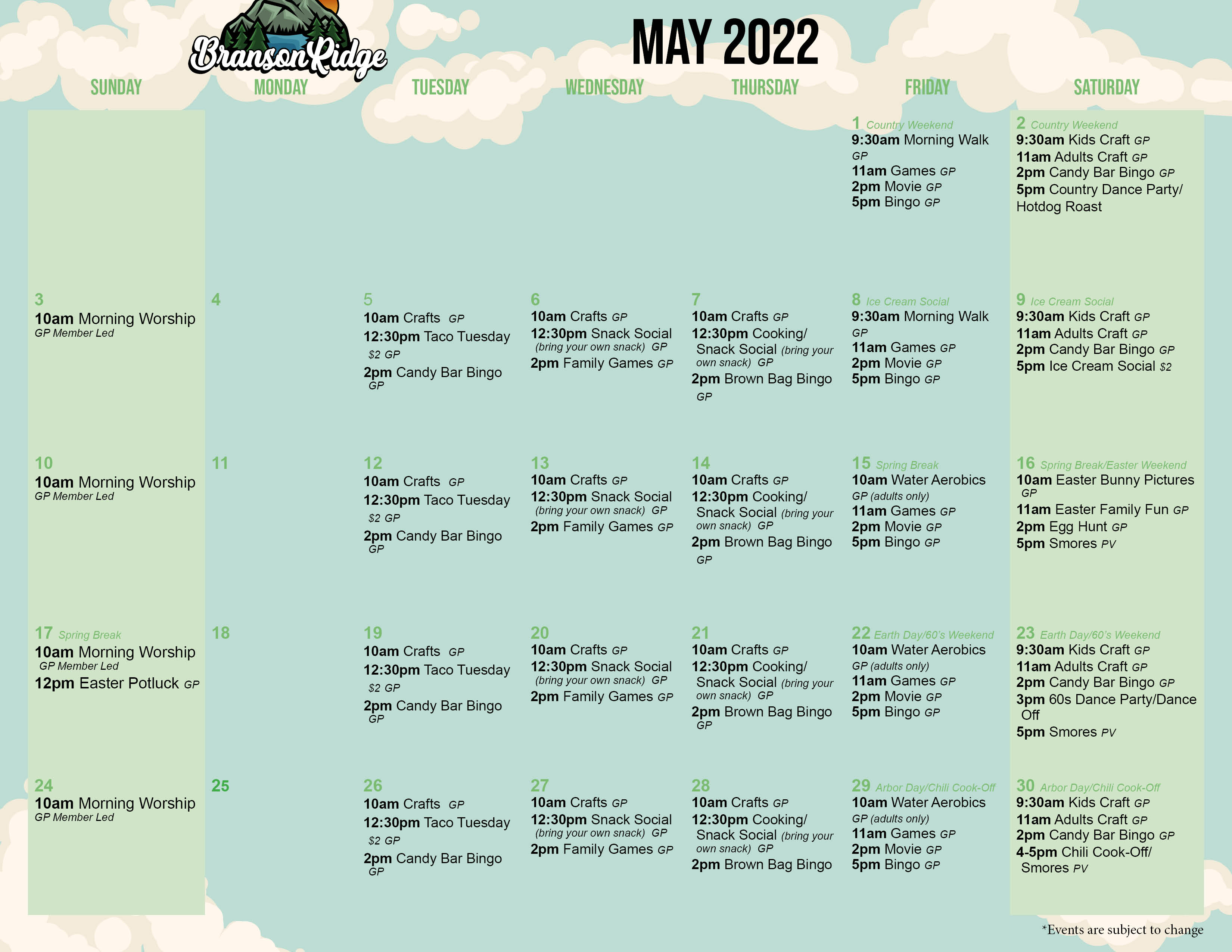 Branson Ridge May 2022 Activity Calendar