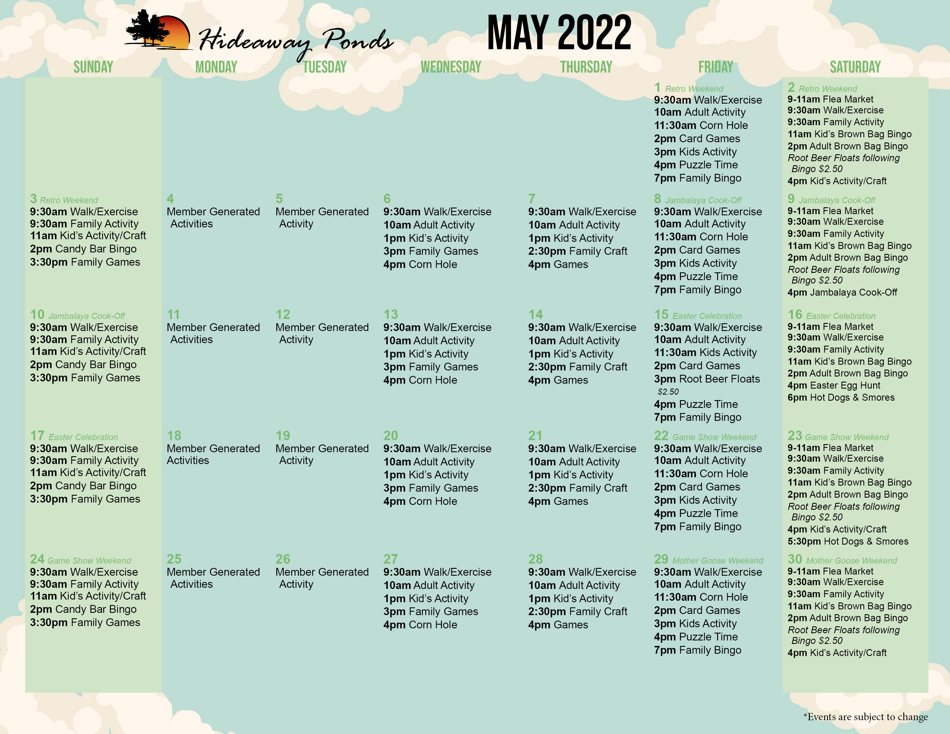 Hideaway Ponds Activity Calendar May 2022