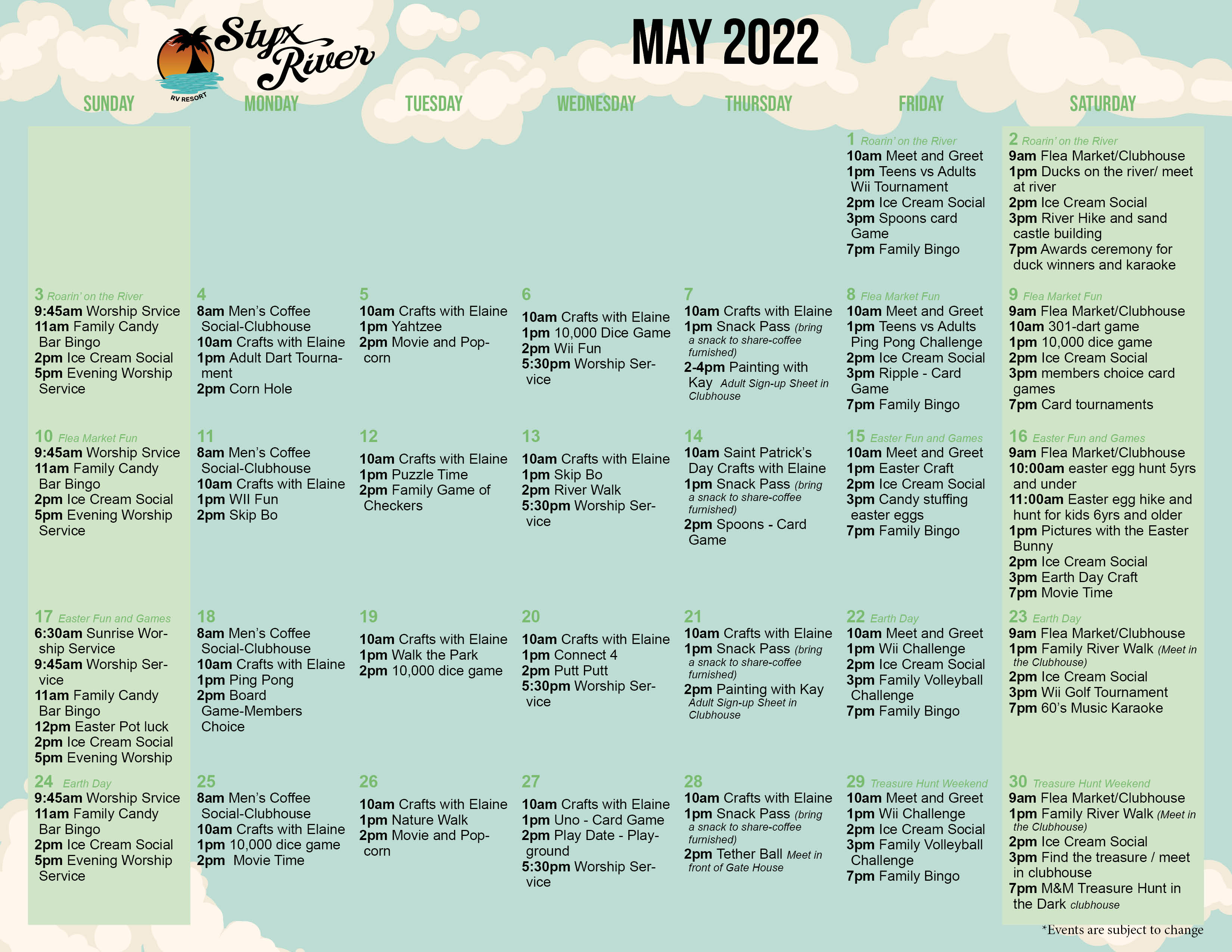 Styx River May 2022 Activity Calendar