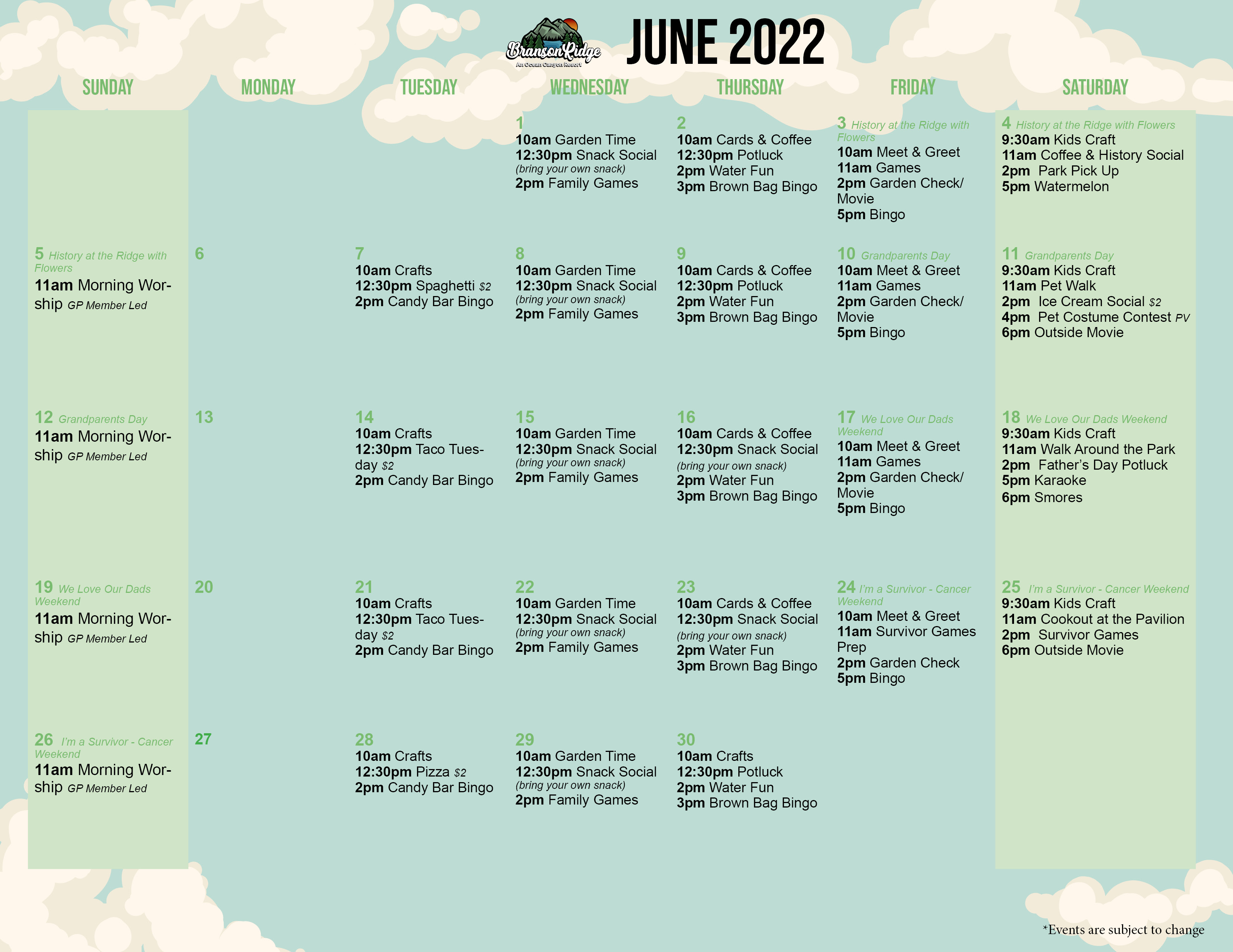 Branson Ridge June 2022 Activity Calendar