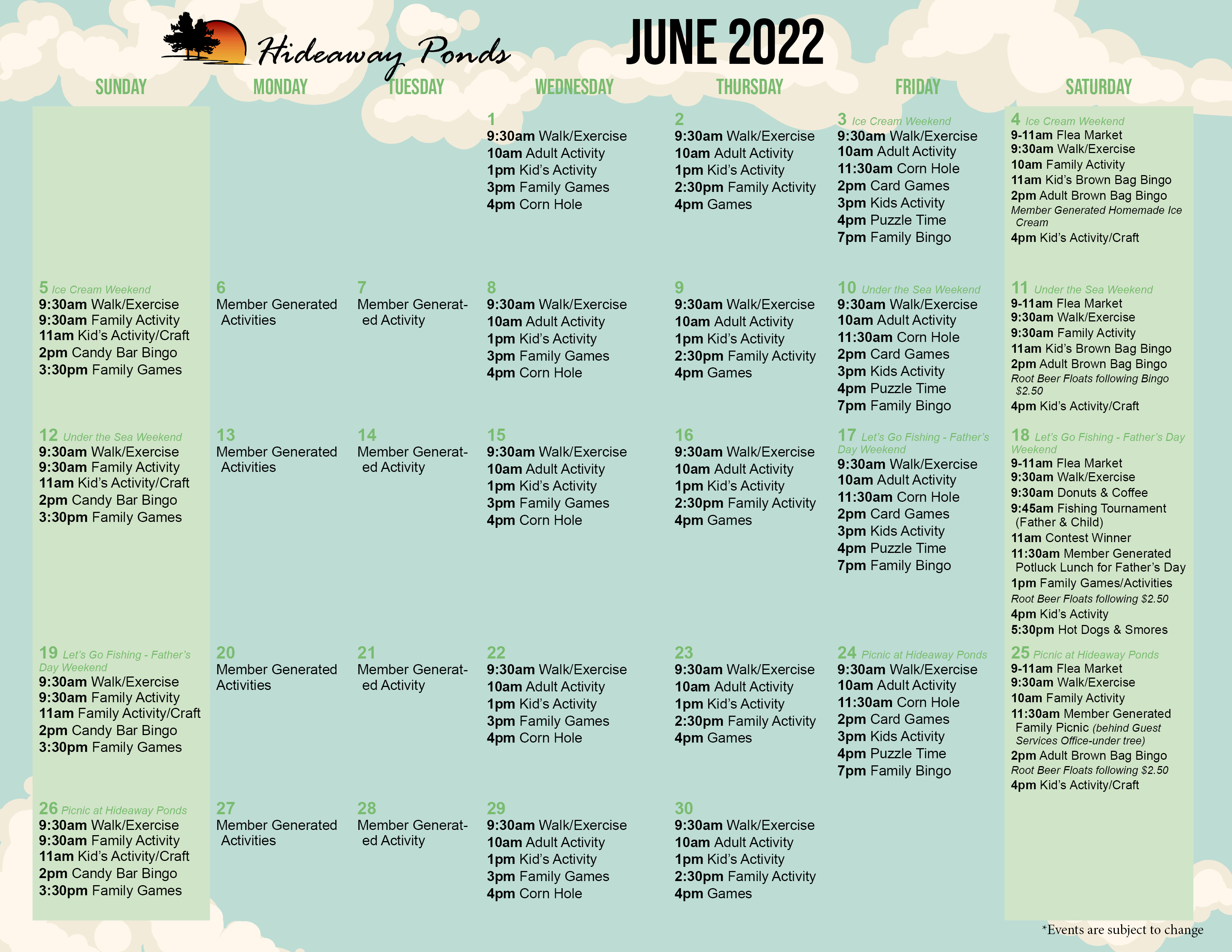 Hideaway Ponds Activity Calendar June 2022