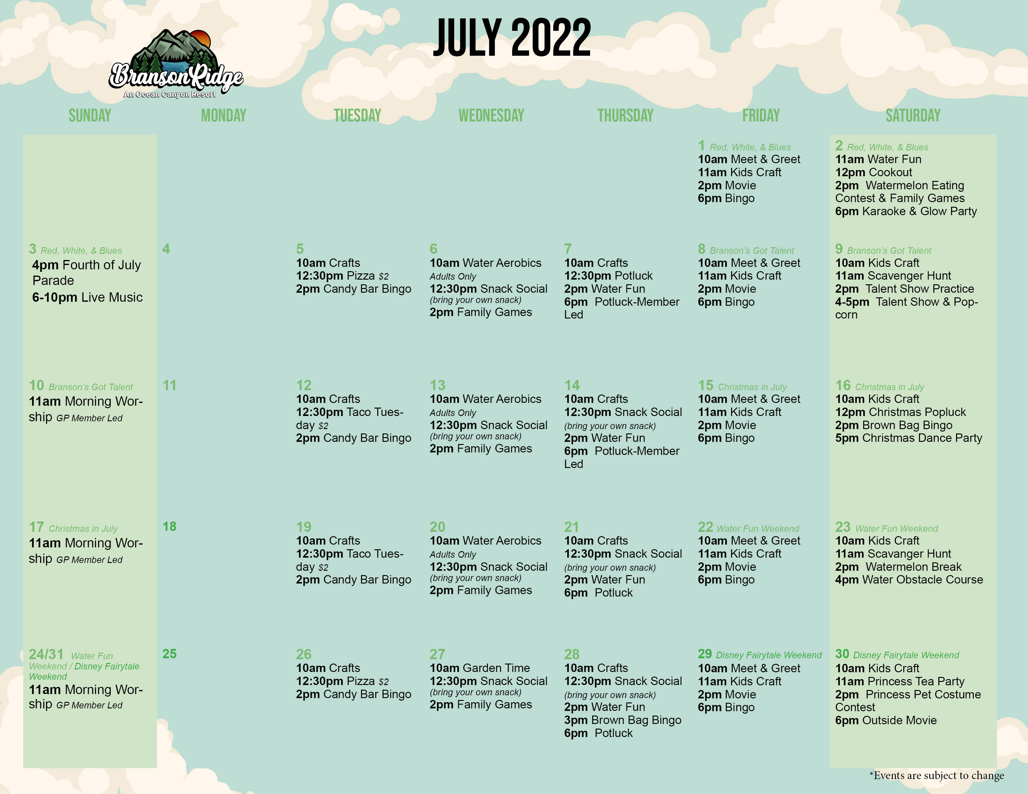 Branson Ridge Activity Calendar July 2022