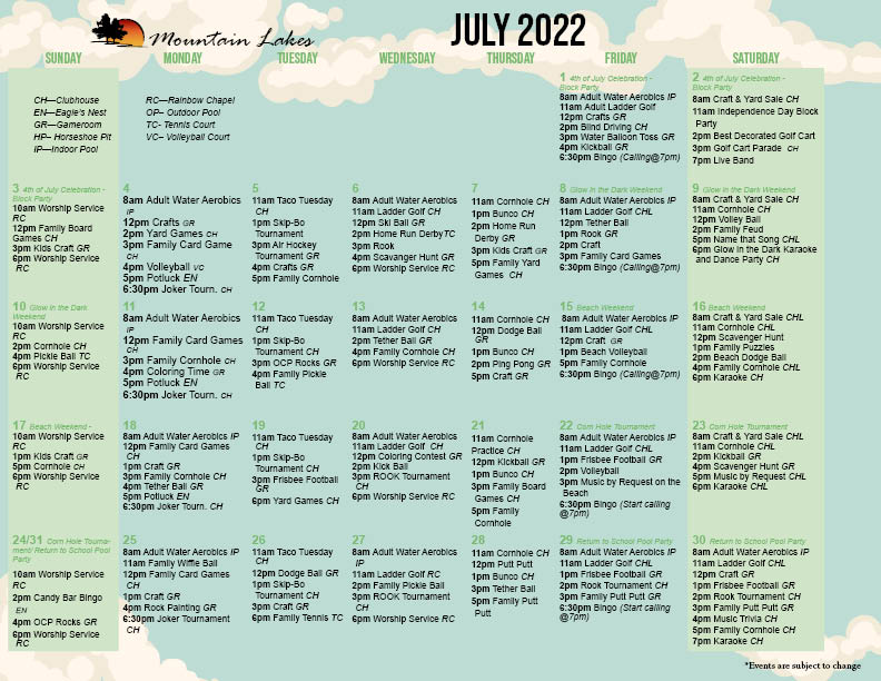Mountain Lakes Activity Calendar July 2022