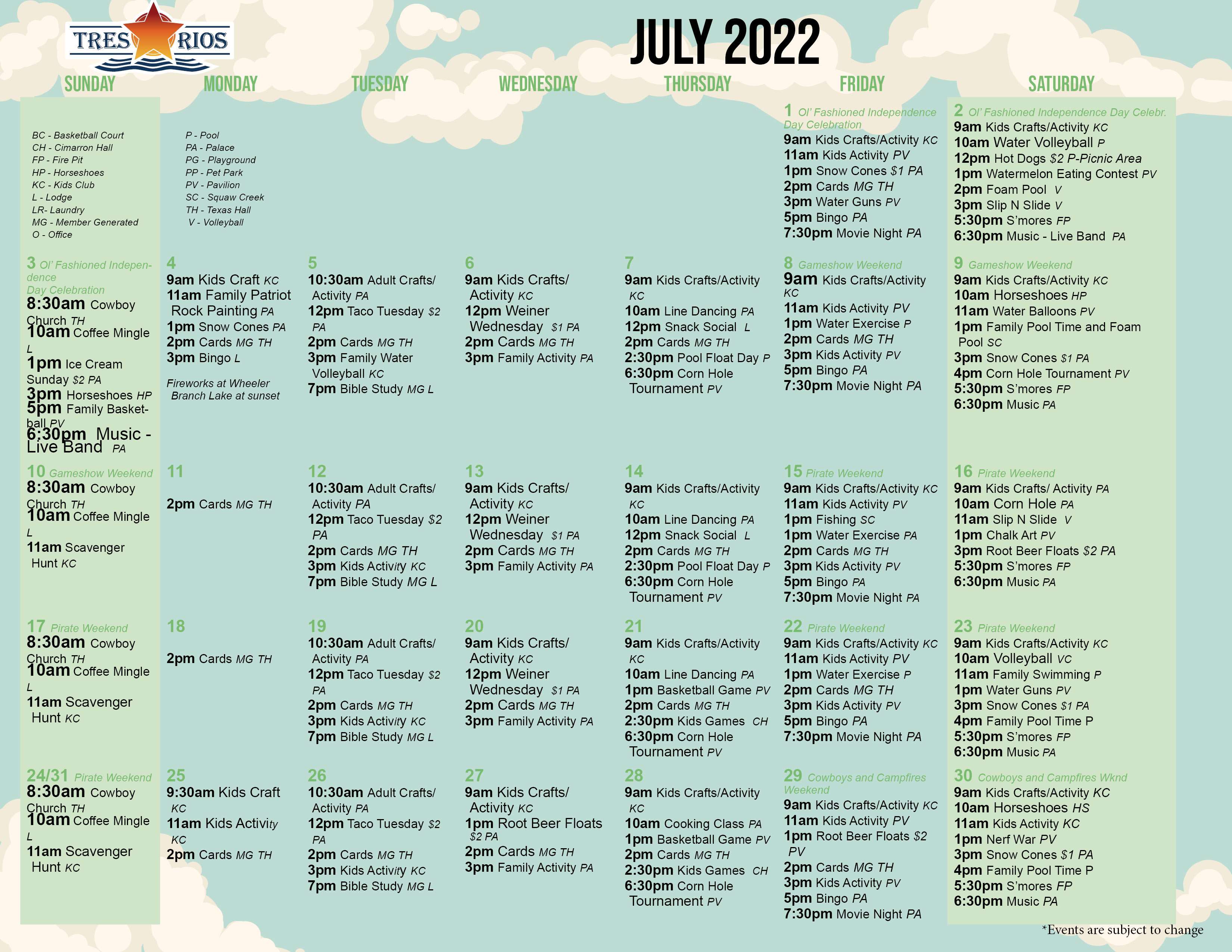 Tres Rios Activity Calendar July 2022
