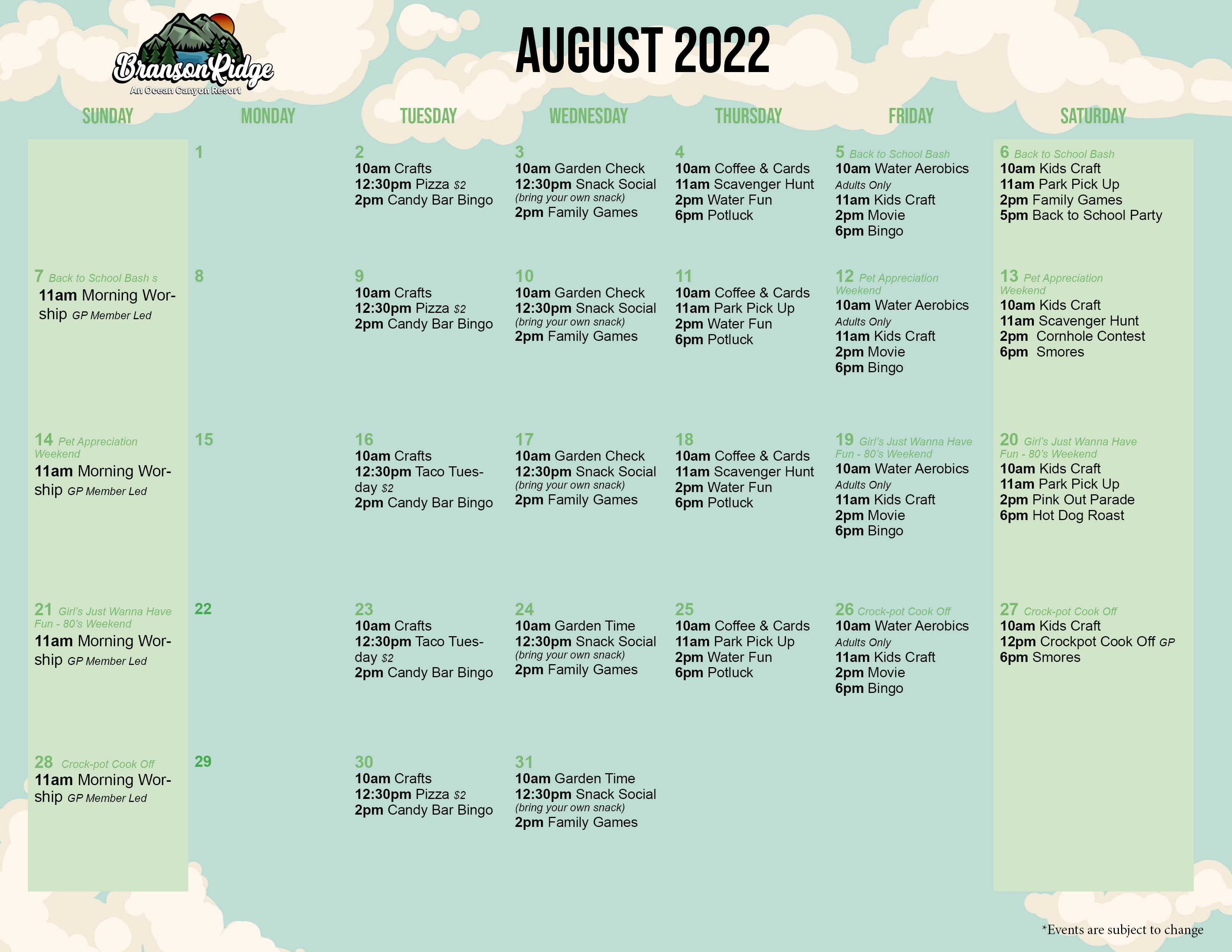 Branson Ridge August 2022 Activity Calendar