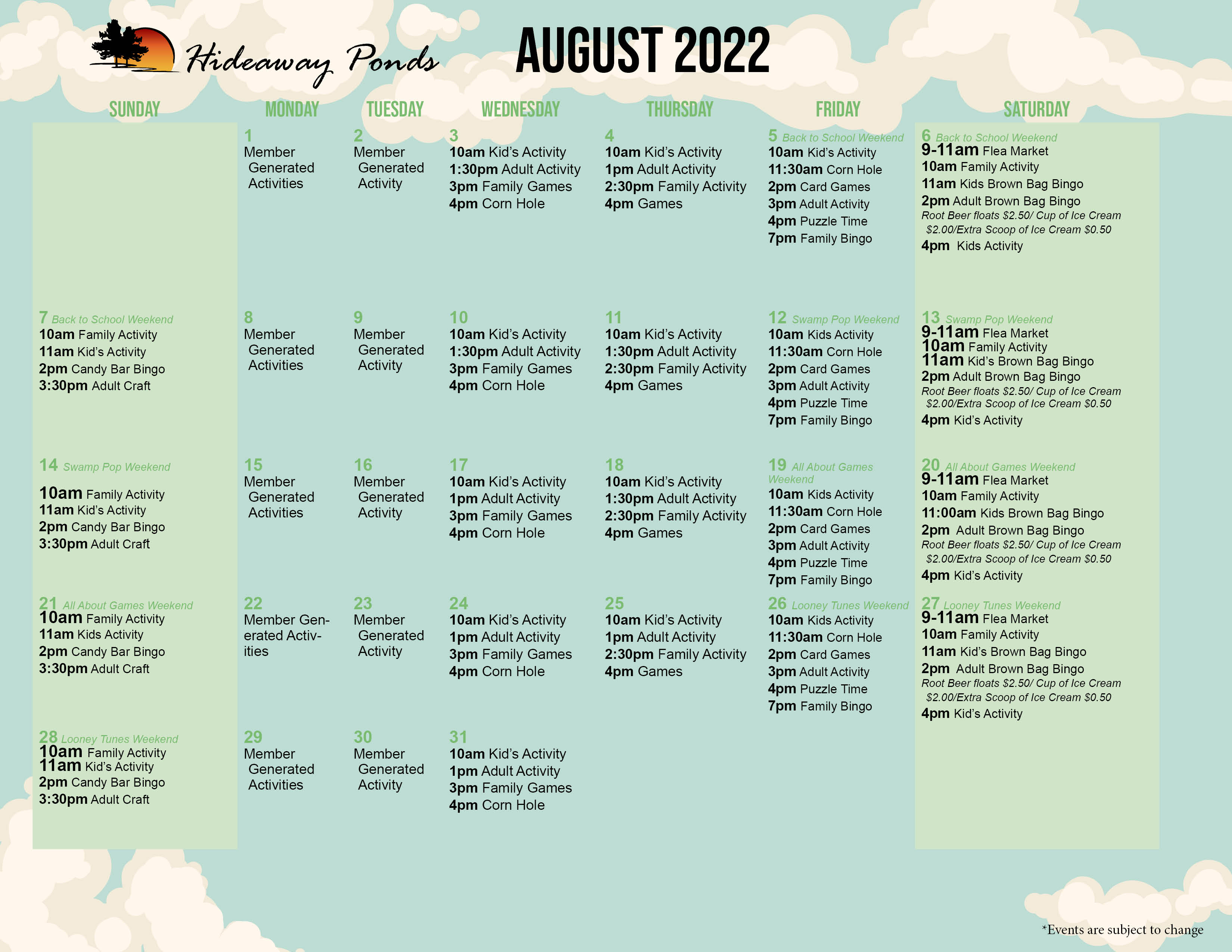 Hideaway Ponds Activity Calendar August 2022