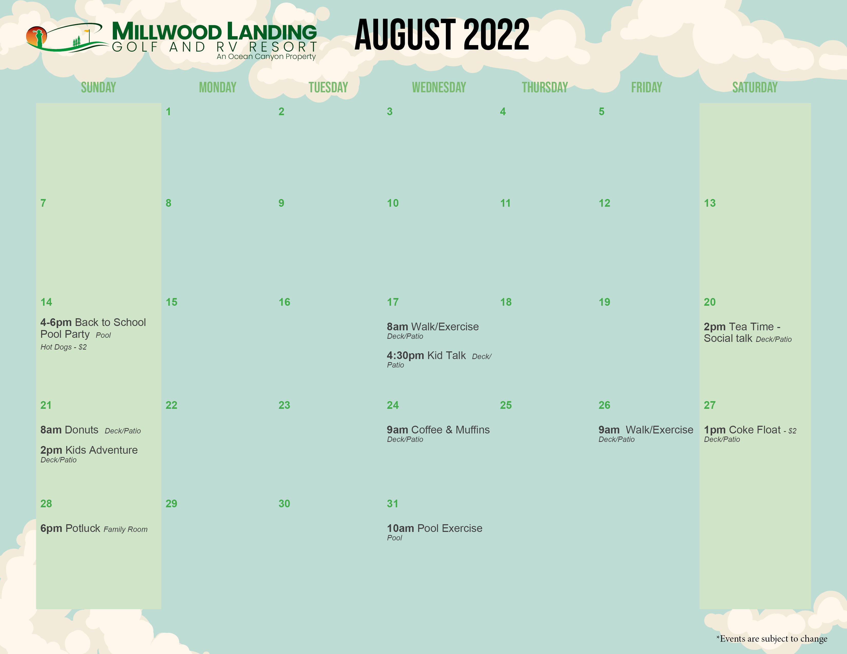 Millwood Landing Activity Calendar August 2022