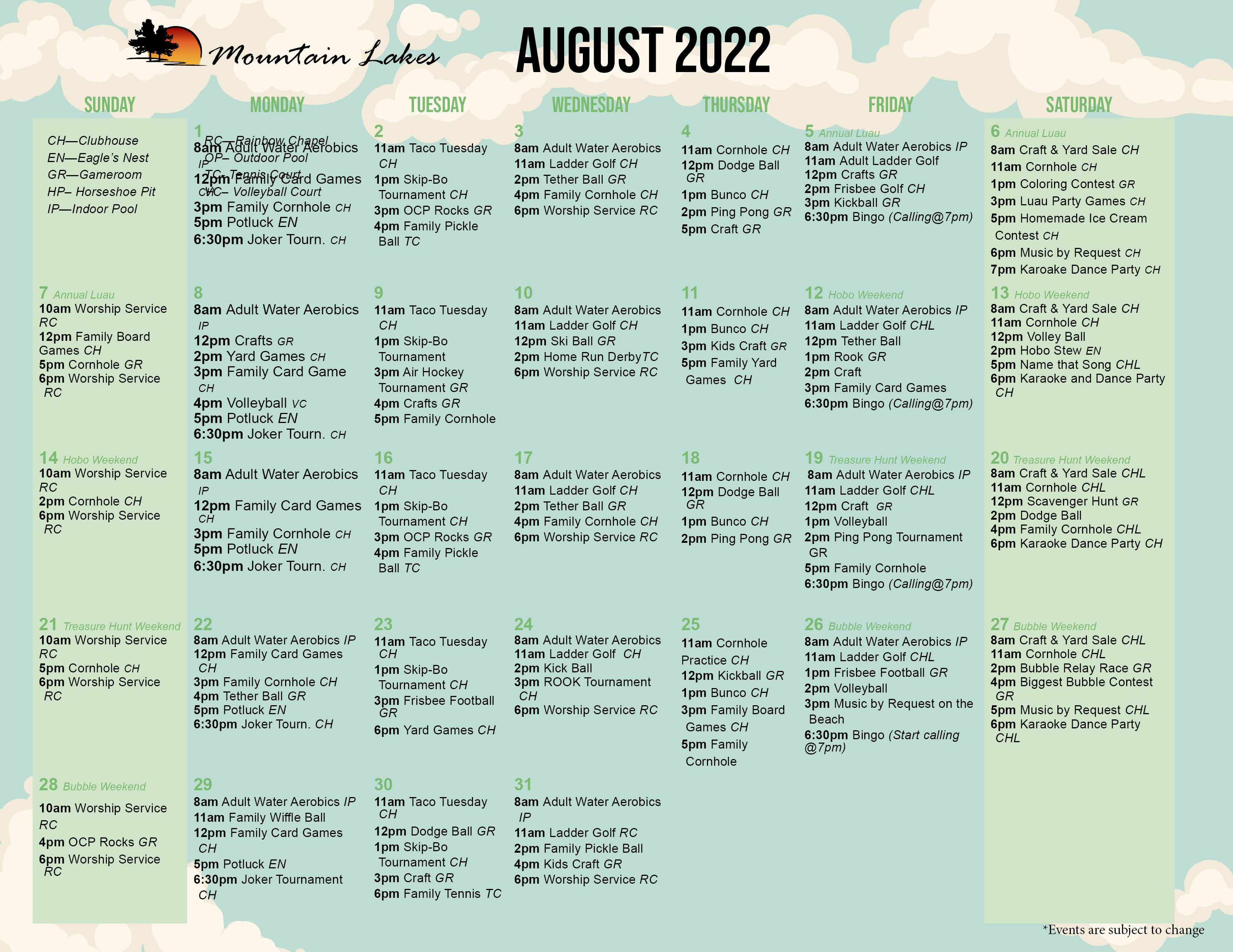 Mountain Lakes August 2022 Activity Calendar