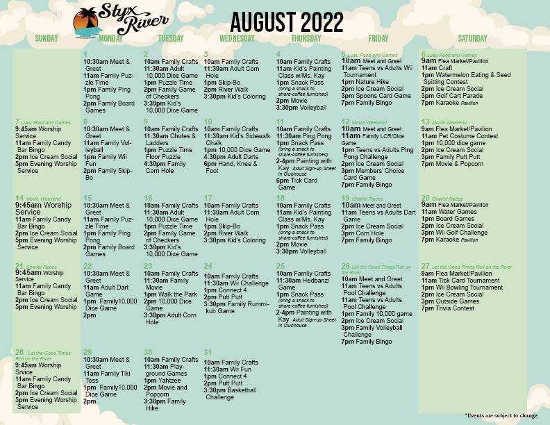 Styx River's August Activity Calendar