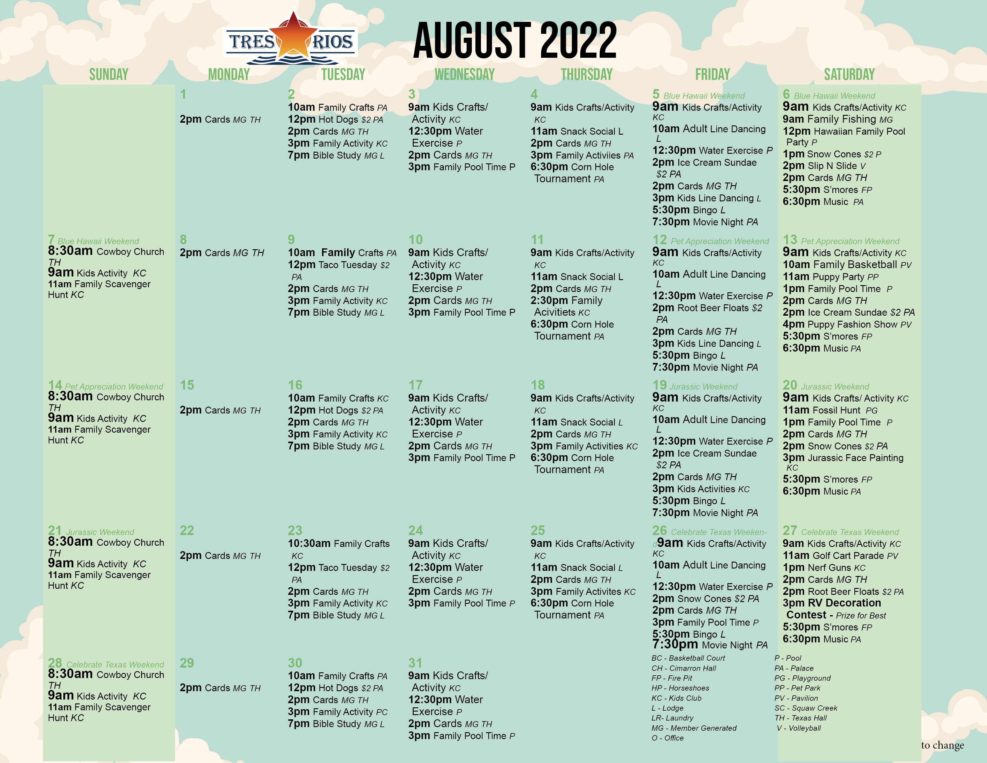 Tres Rios August 2022 Activity Calendar