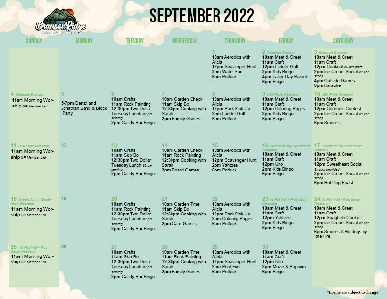 Branson Ridge Activity Calendar September 2022