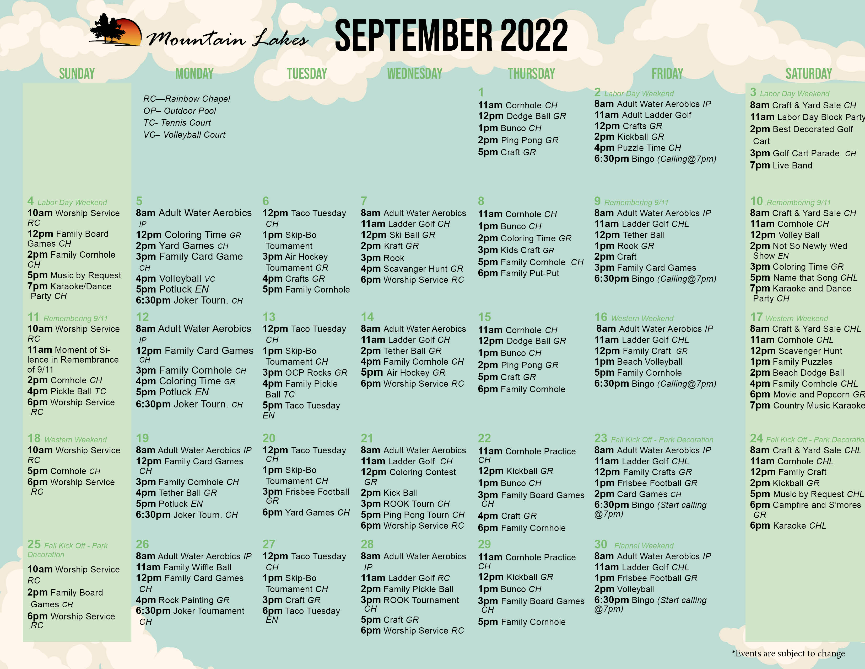 Mountain Lakes Activity Calendar September 2022