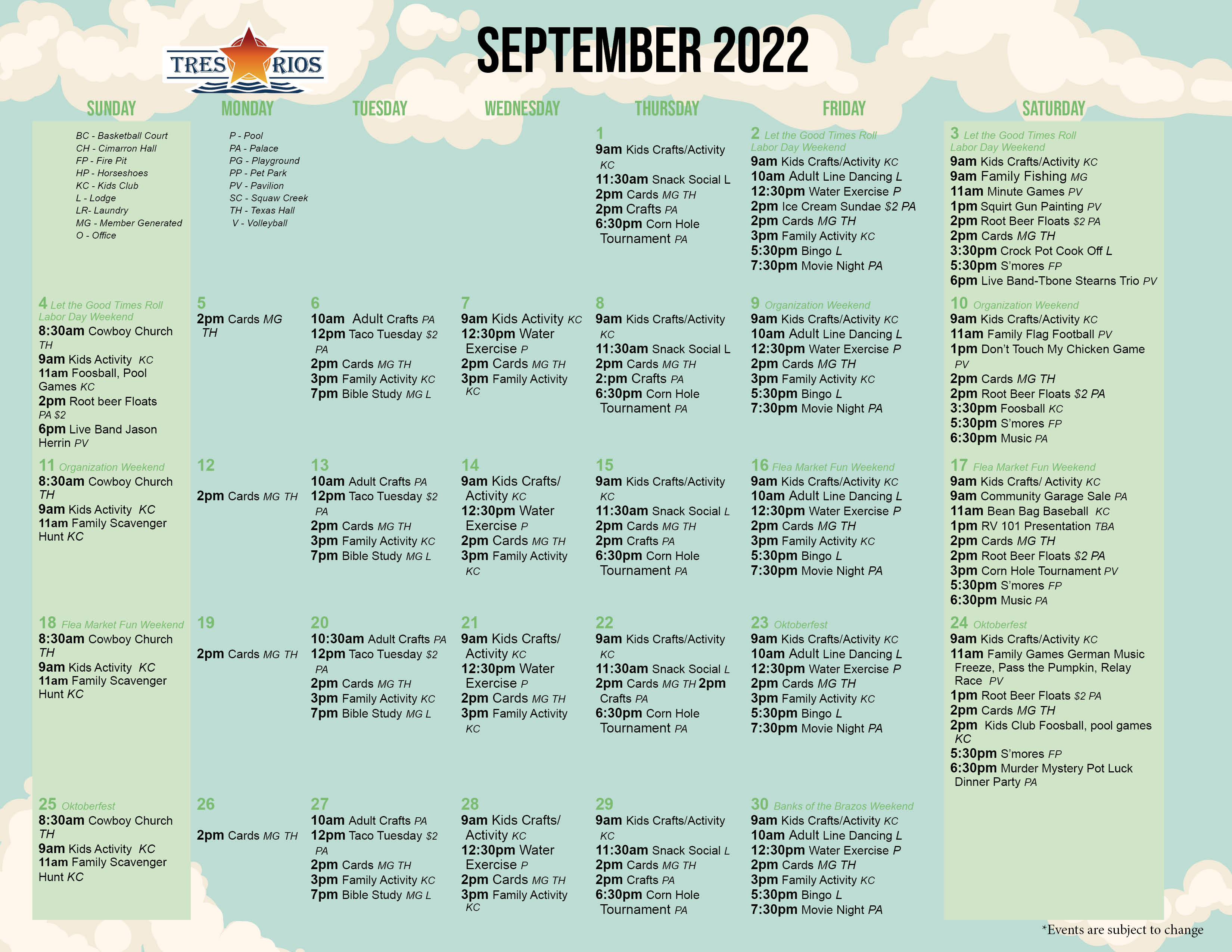 Tres Rios September 2022 Activity Calendar