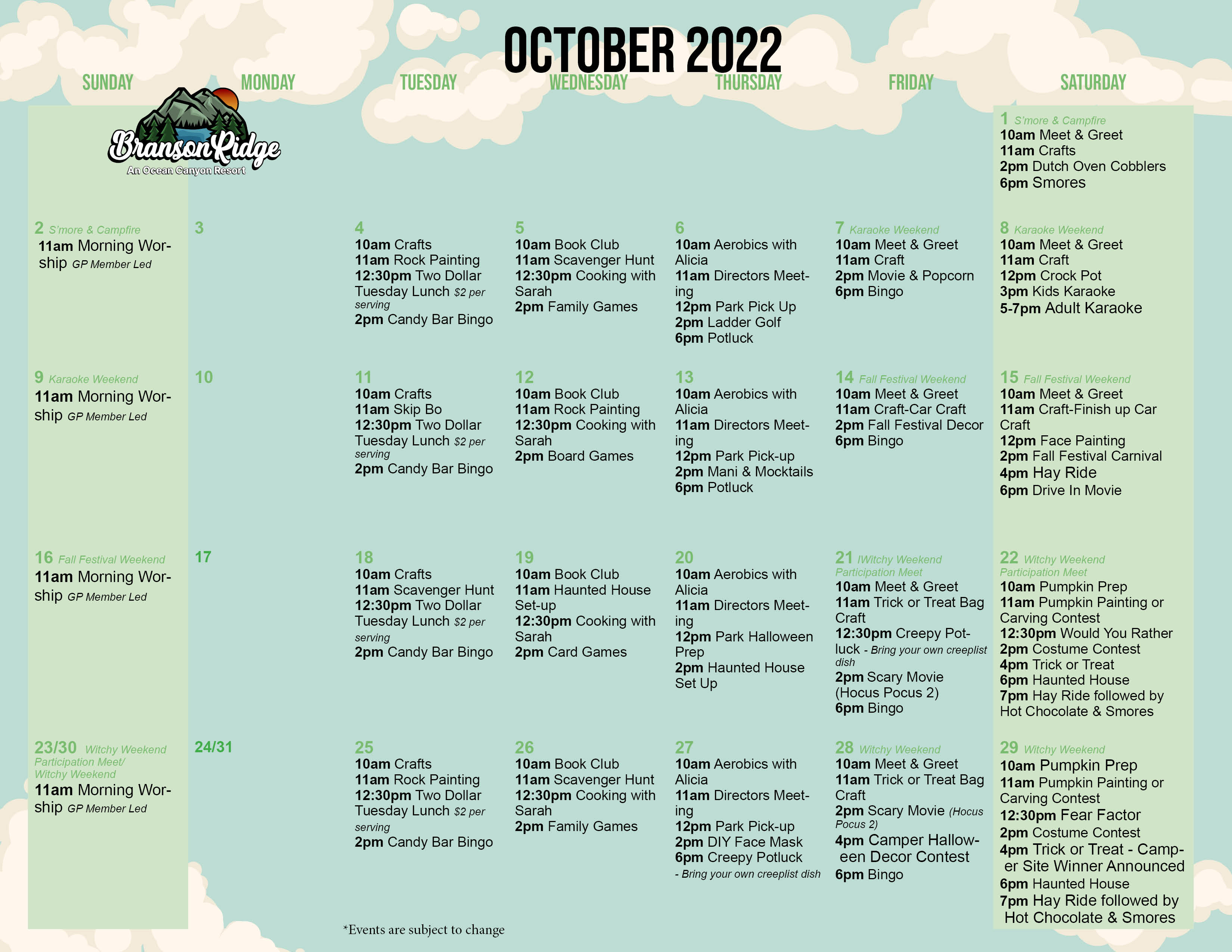 Branson Ridge Activity Calendar October 2022