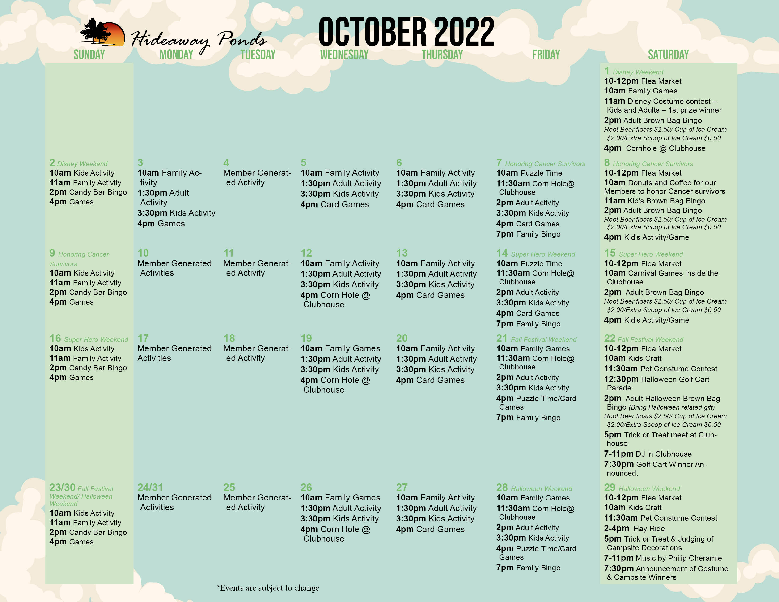 Hideaway Ponds' October 2022 Activity Calendar