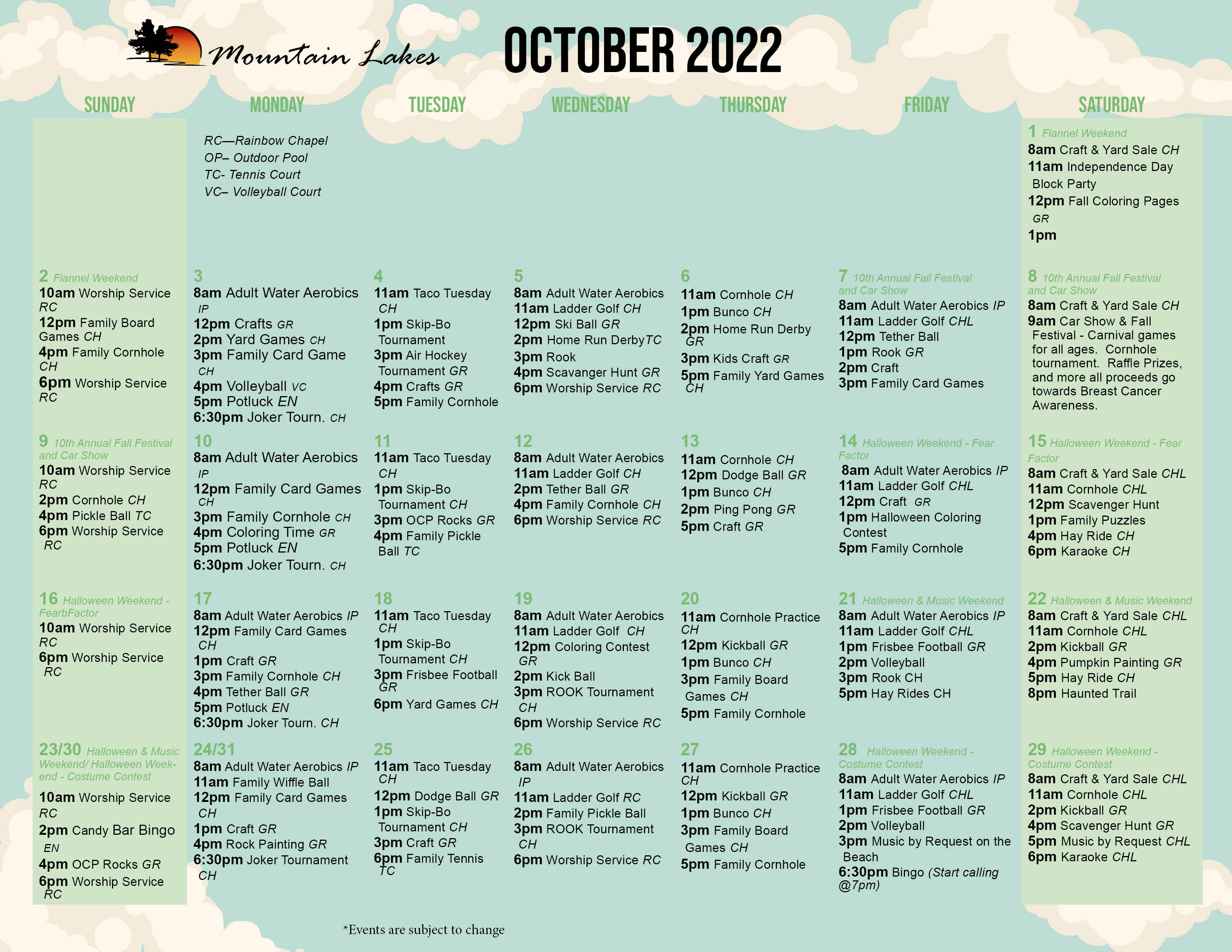 Mountain Lake's October Activity Calendar