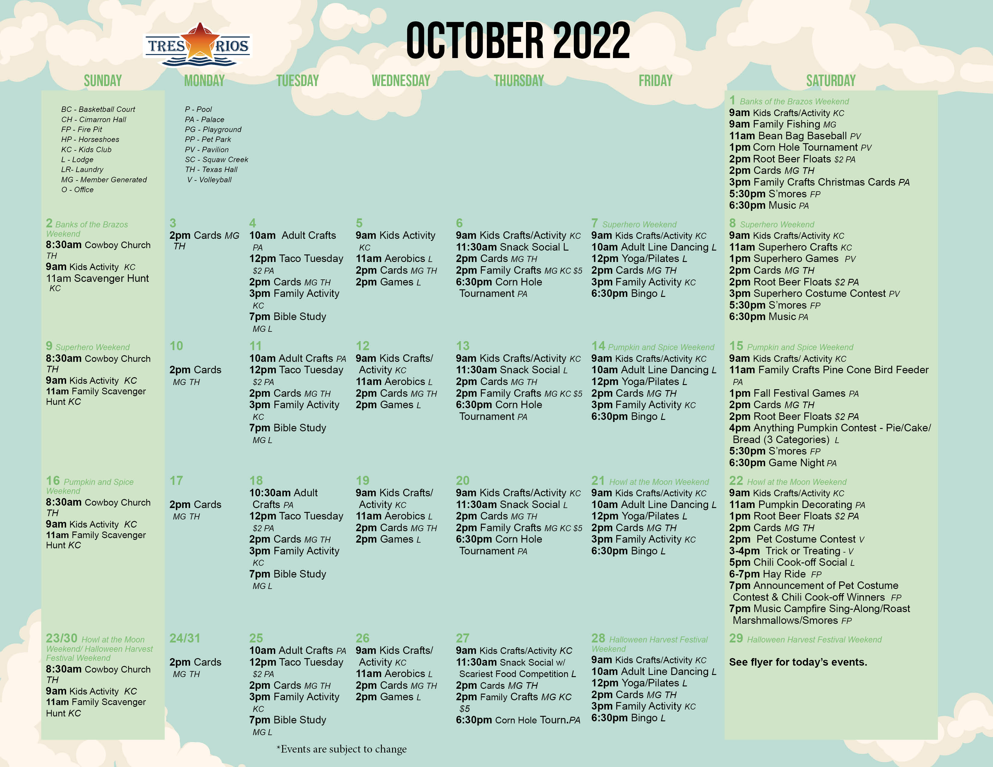 Tres Rios Activity Calendar October 2022