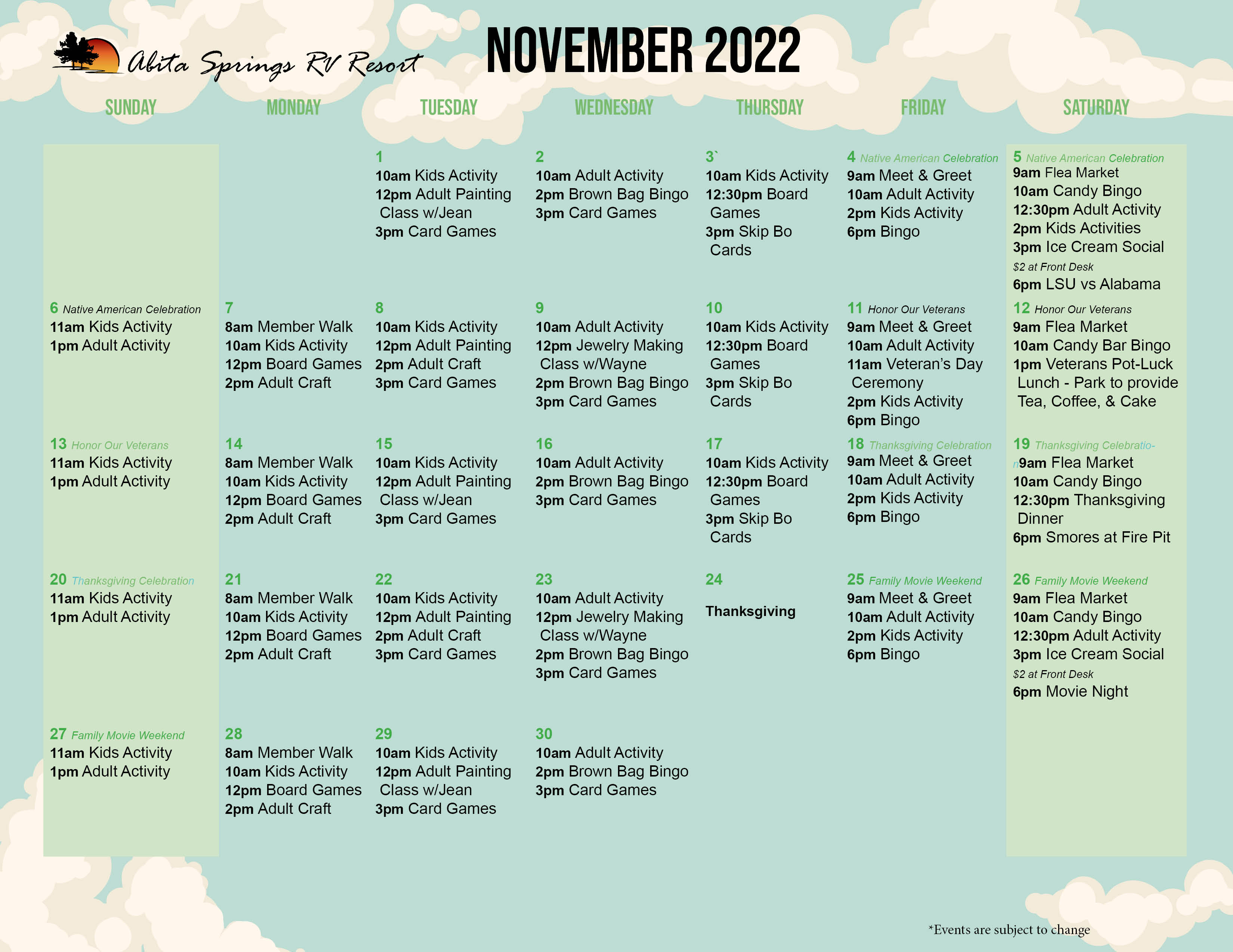 Abita Springs November 2022 Activity Calendar