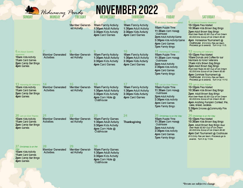 Hideaway Ponds' November 2022 Activity Calendar
