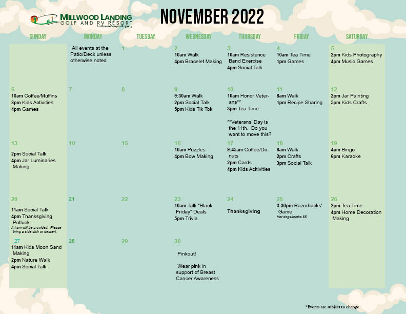 Millwood Landing's November Activity Calendar