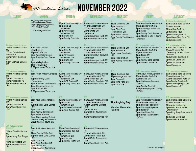 Mountain Lake's November Activity Calendars