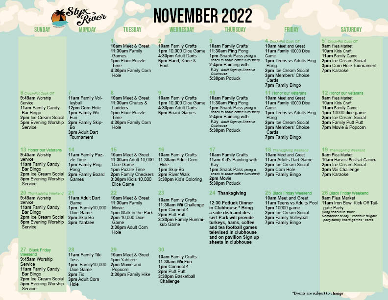 Styx River's November Activity Calendar