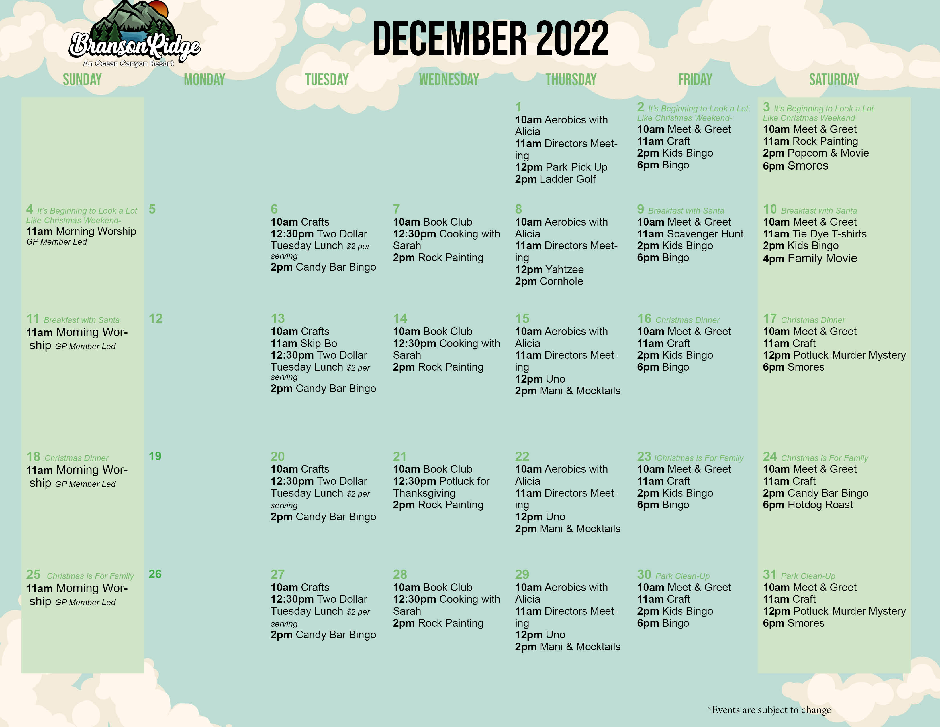 Branson Ridge Activity Calendar December 2022