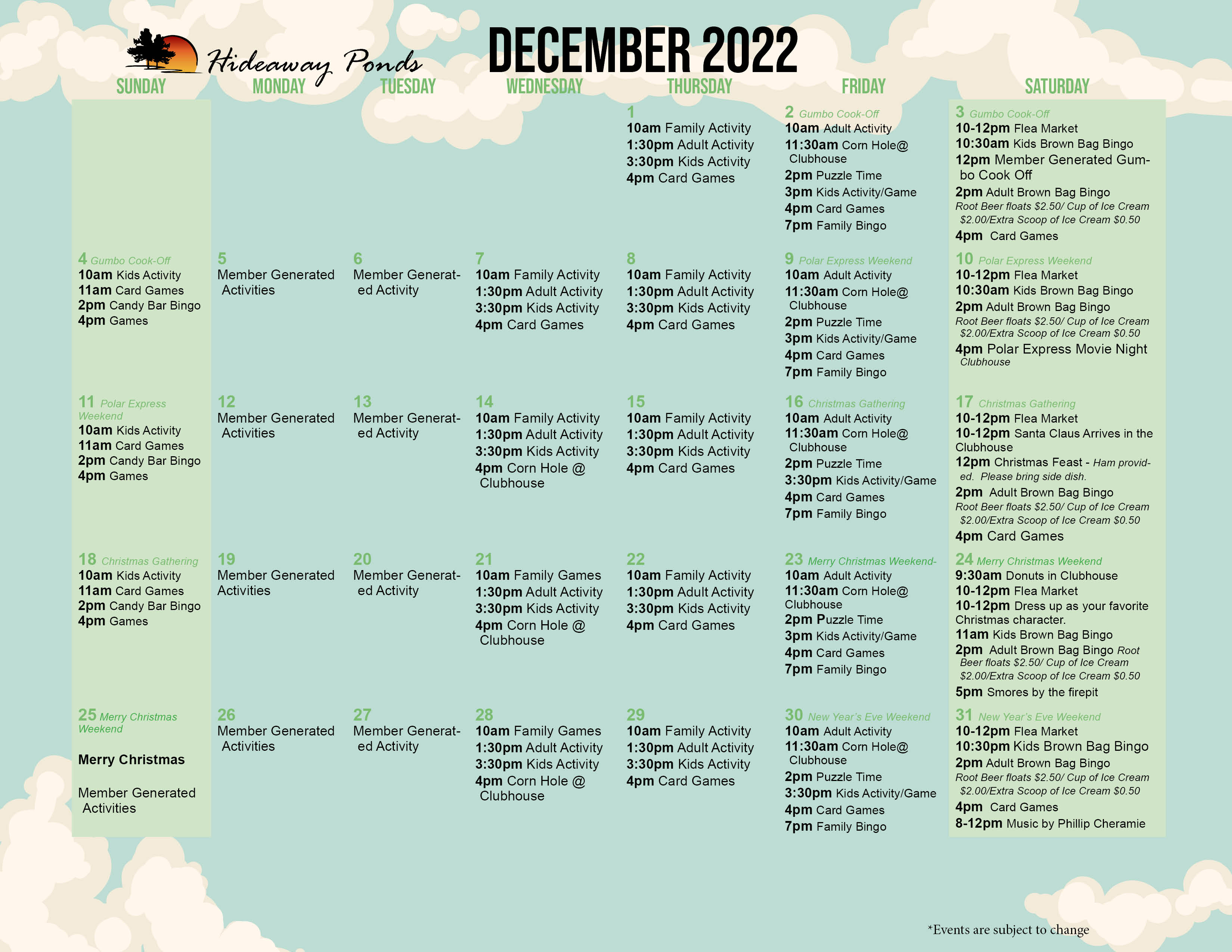 Hideaway Pond's December Activity Calendar