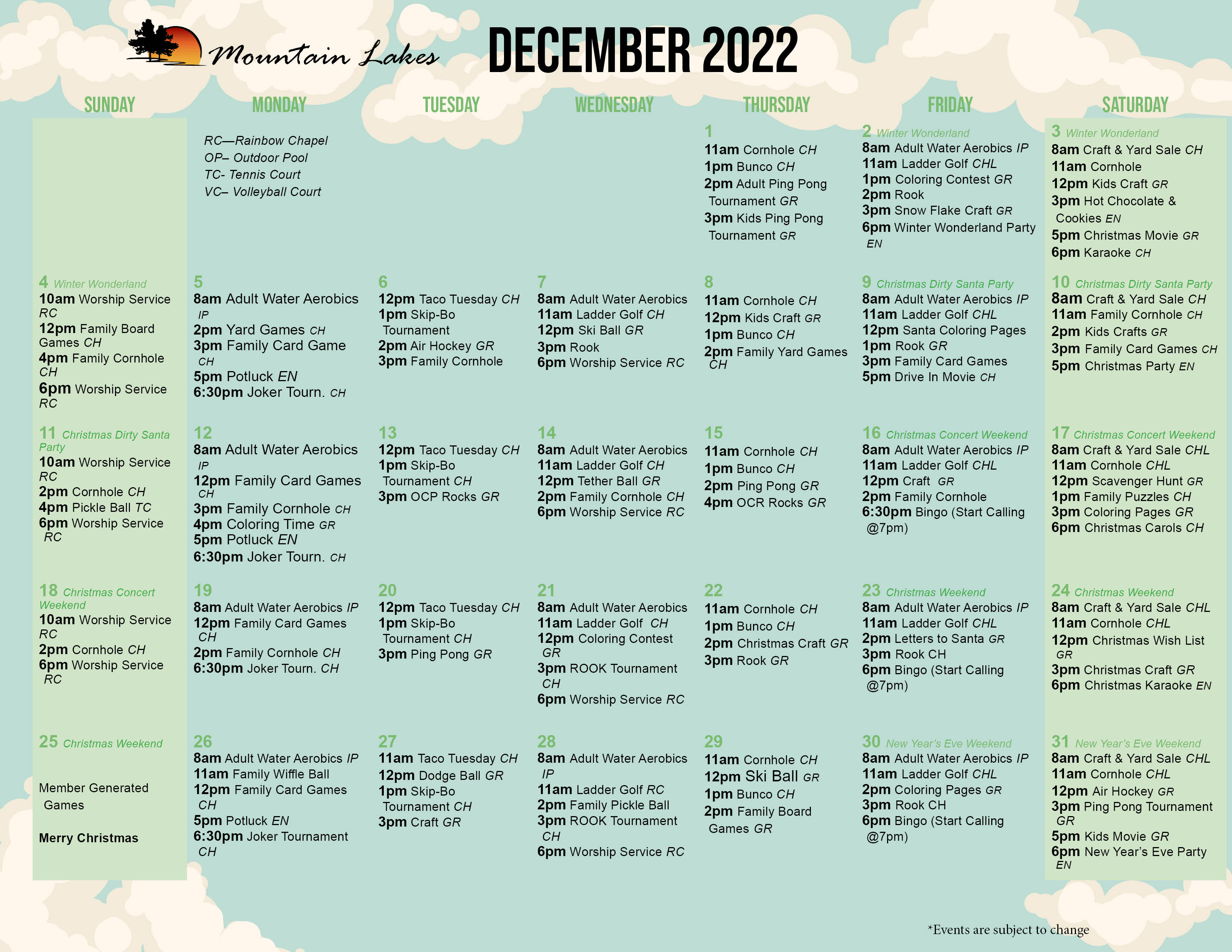 Mountain Lake's December Activity Calendar