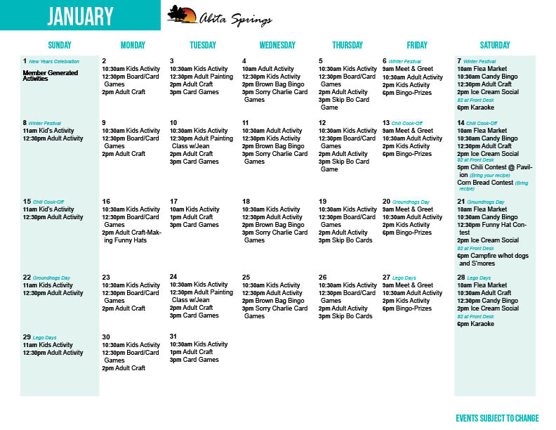 Abita Springs January 2023 Activity Calendar