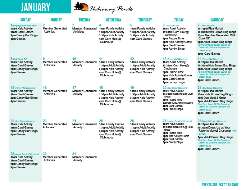 Hideaway Ponds Activity Calendar January 2022