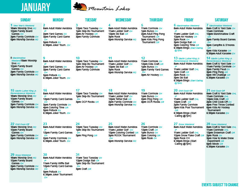Mountain Lakes Activity Calendar January 2023