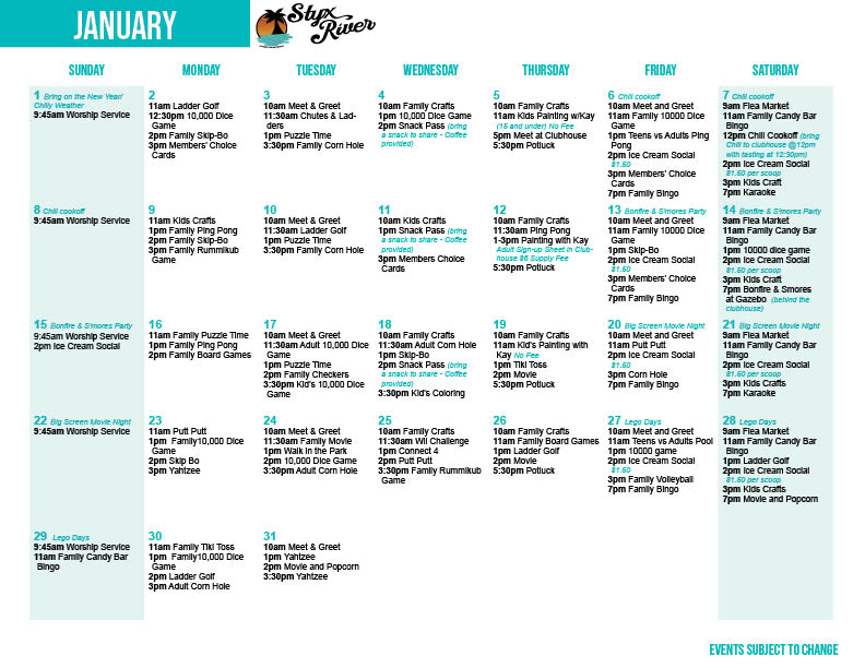 Styx River's January Activity Calendar