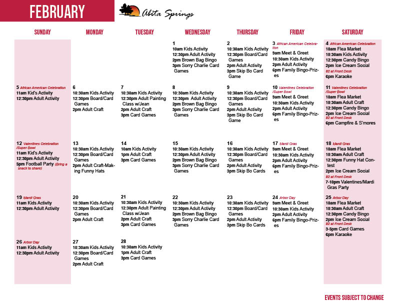Abita Springs' February Activity Calendars