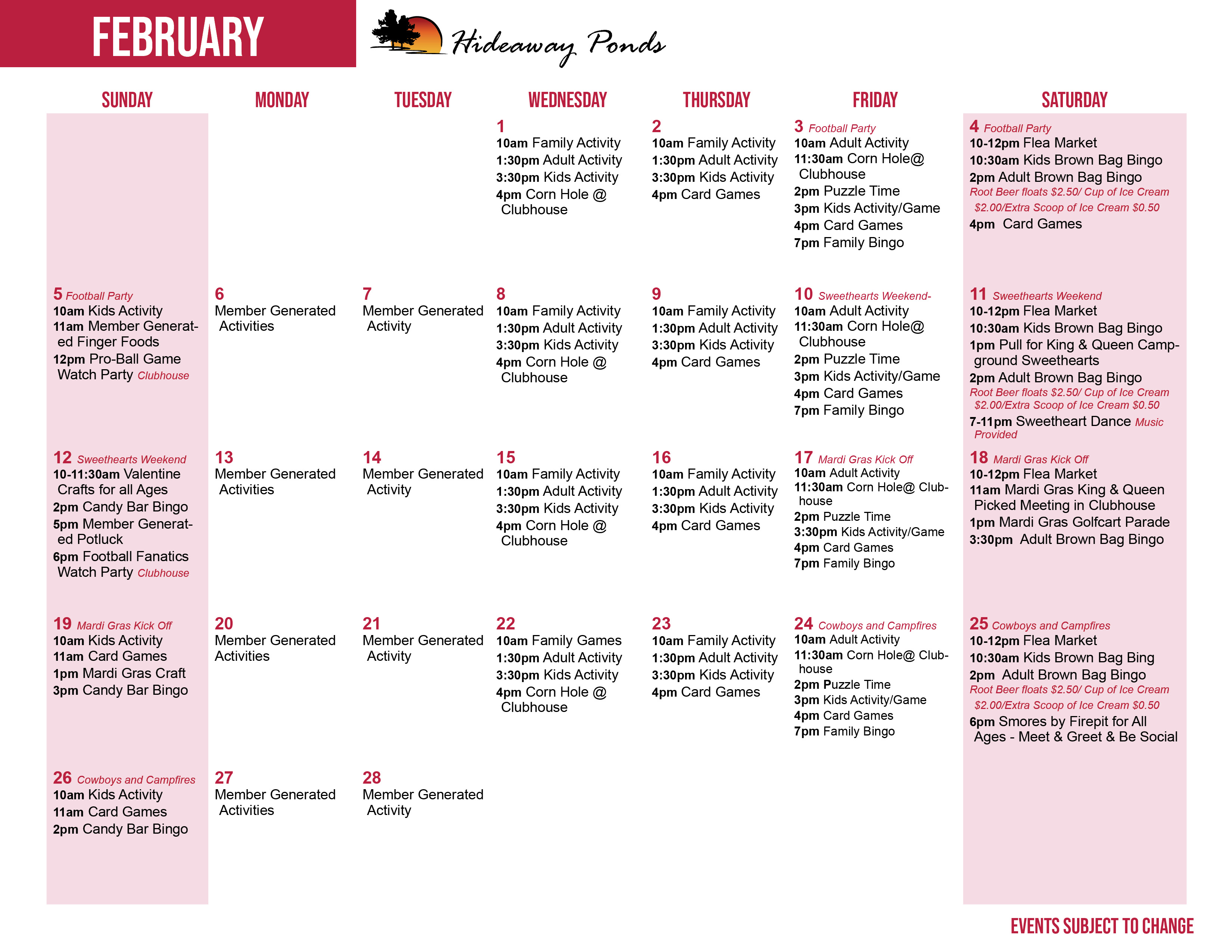 Hideaway Ponds Activity Calendar February 2023