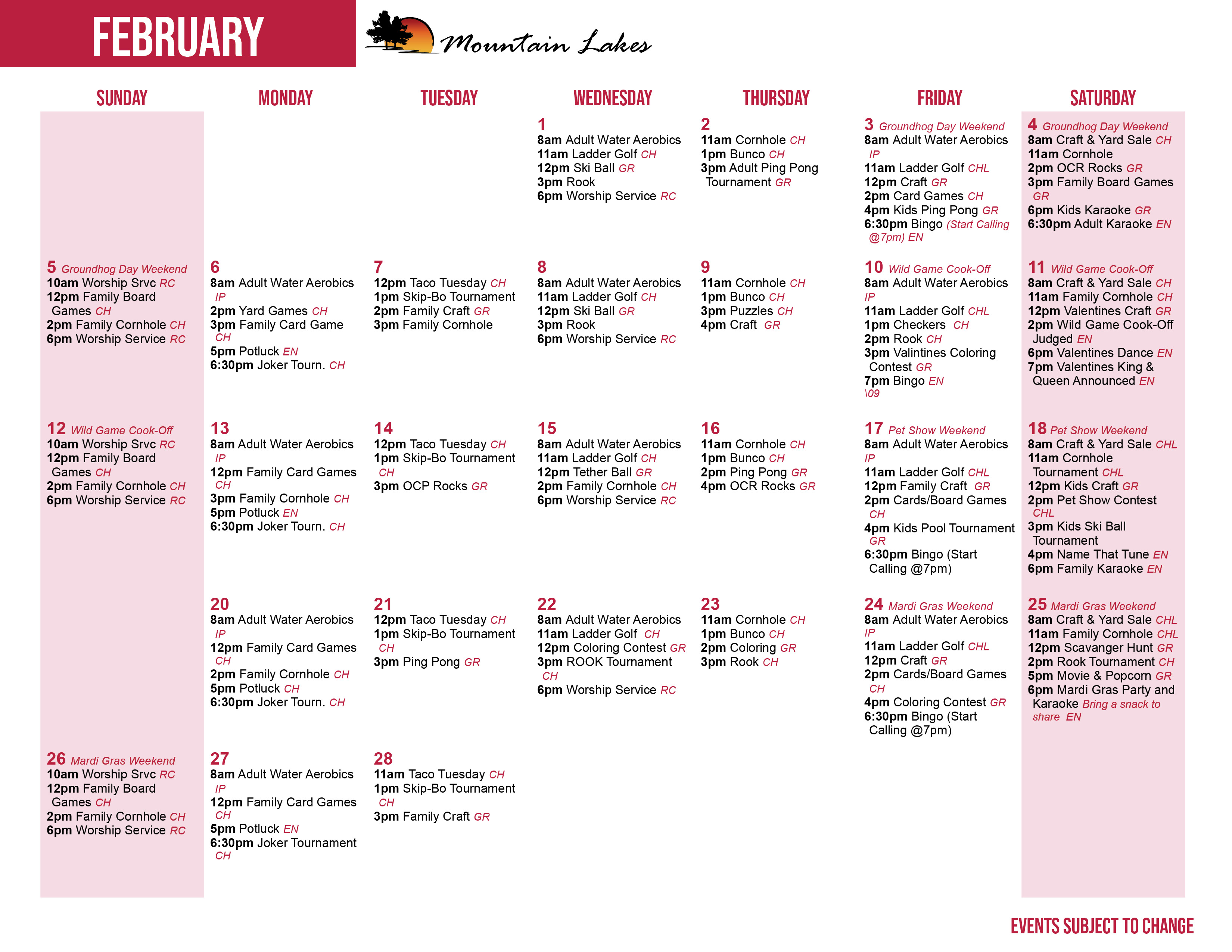 Mountain Lake's February Activity Calendars
