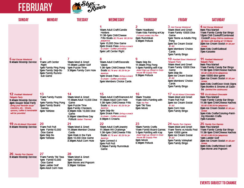 Styx River's February Activity Calendars