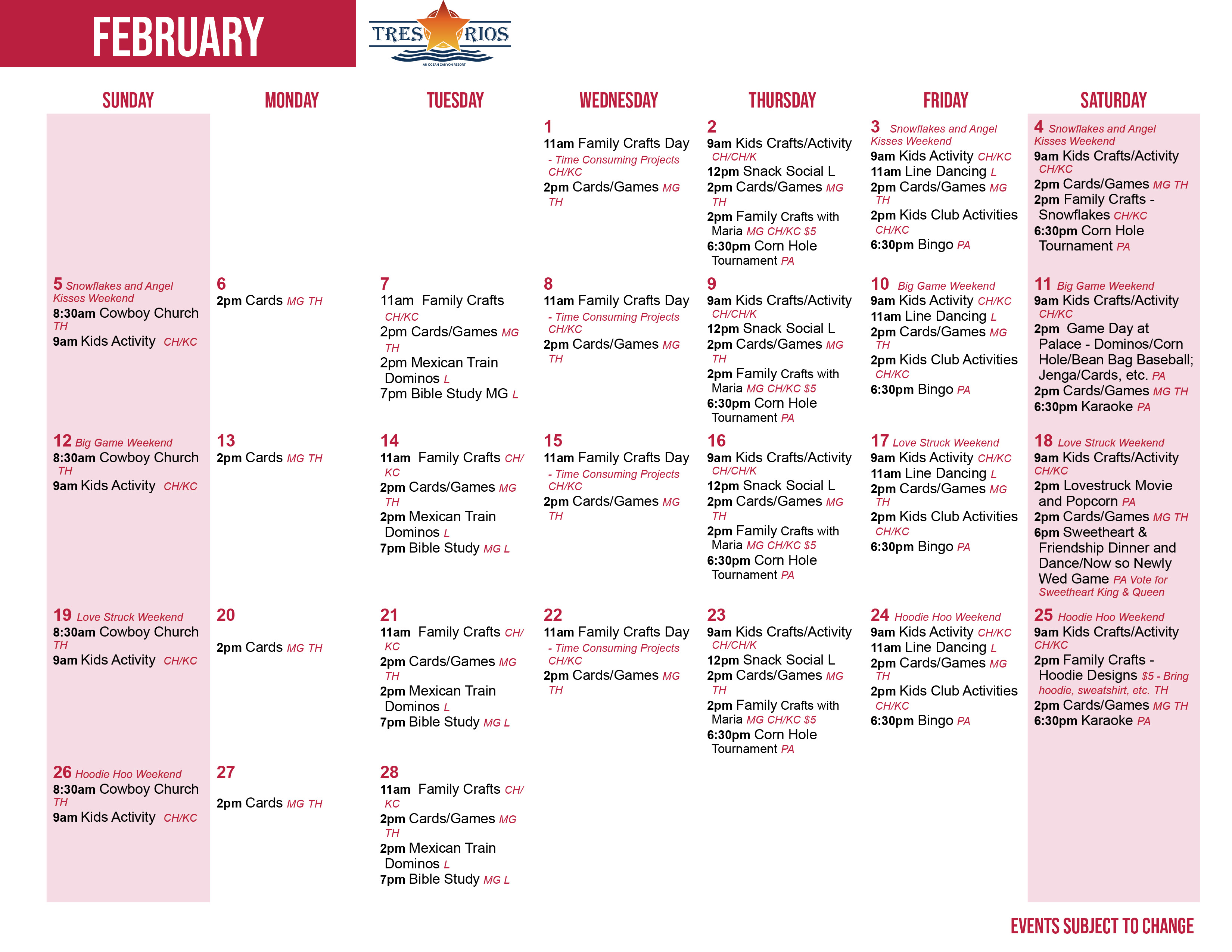 Tres Rios' February Activity Calendar