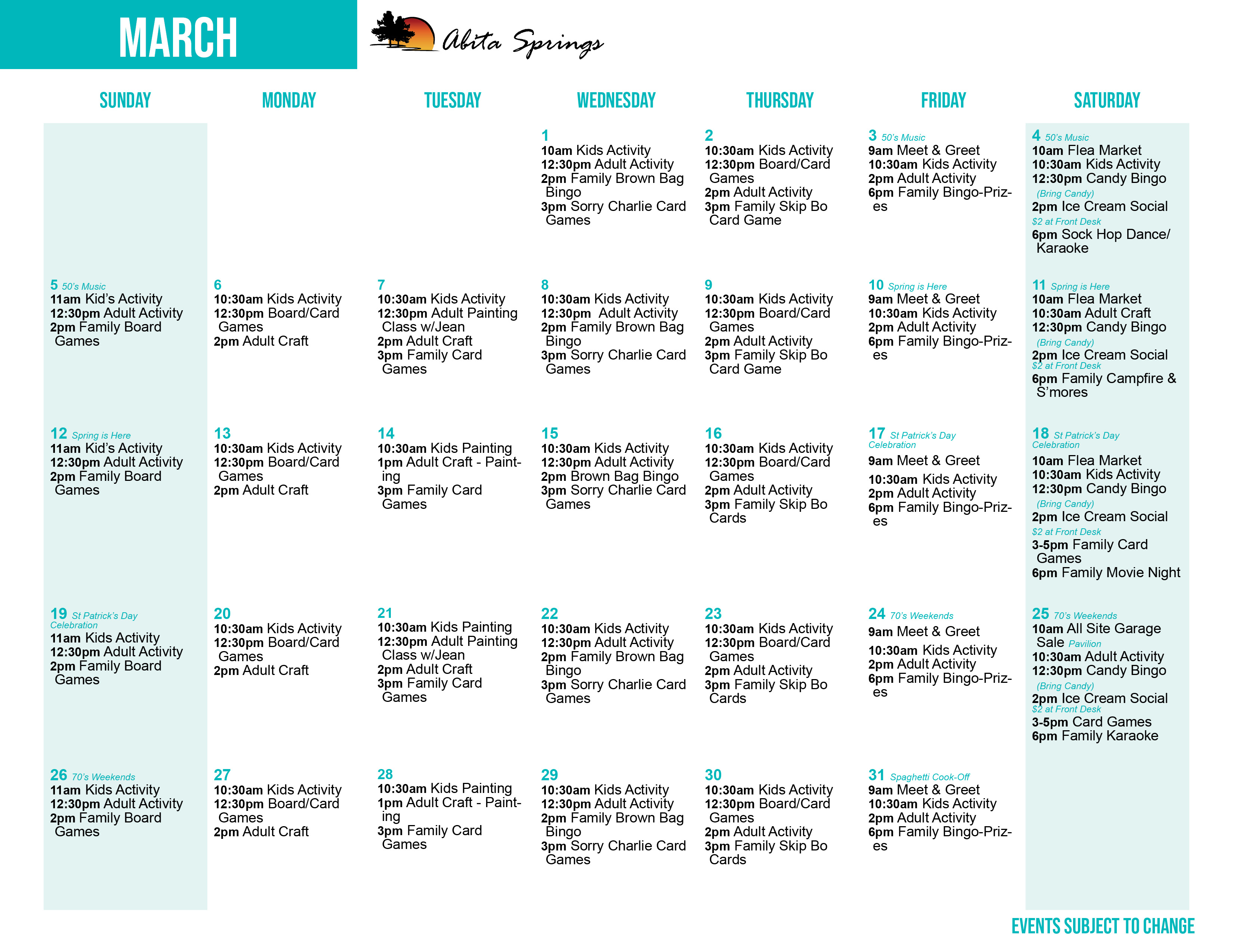 Abita Springs' March Activity Calendar