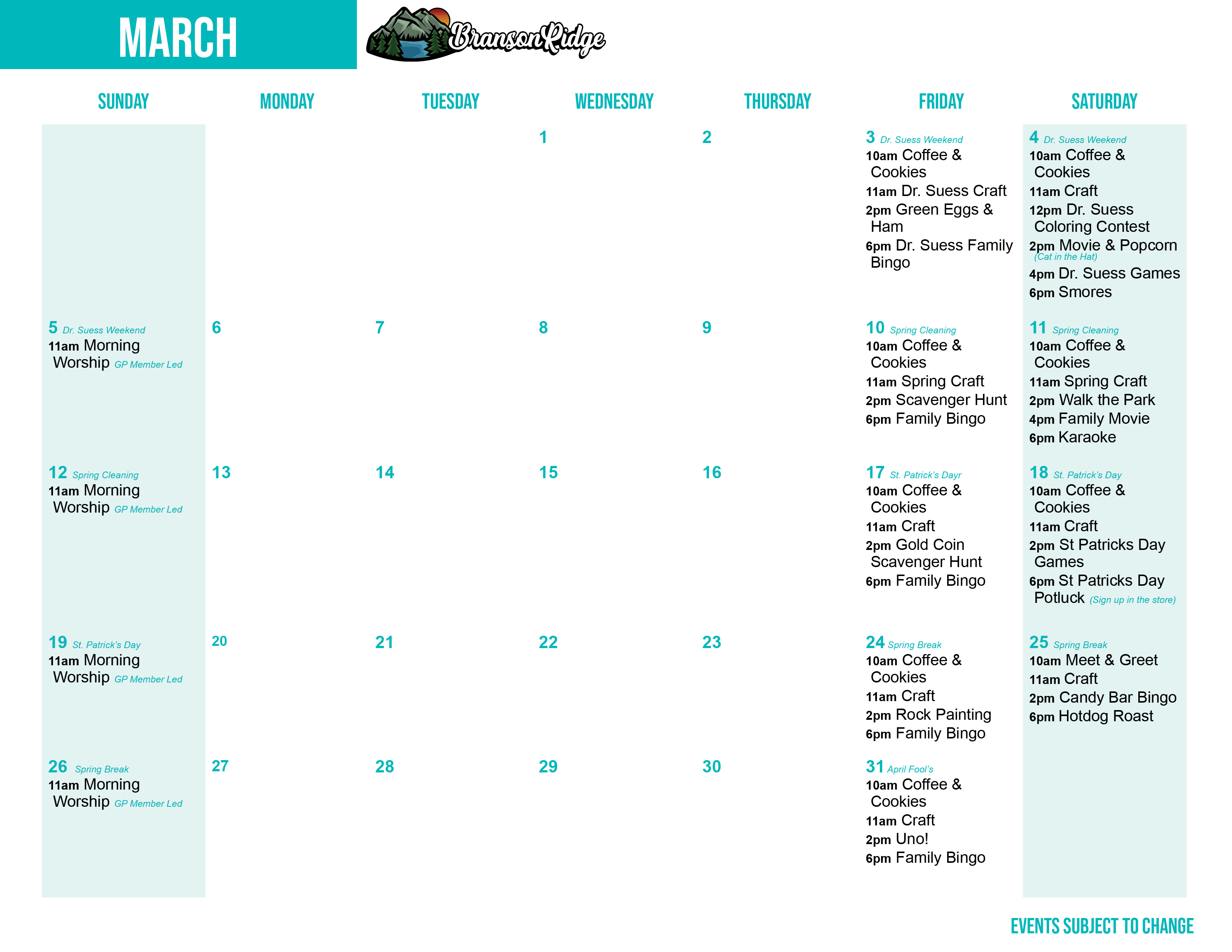 Branson Ridge's March Activity Calendars